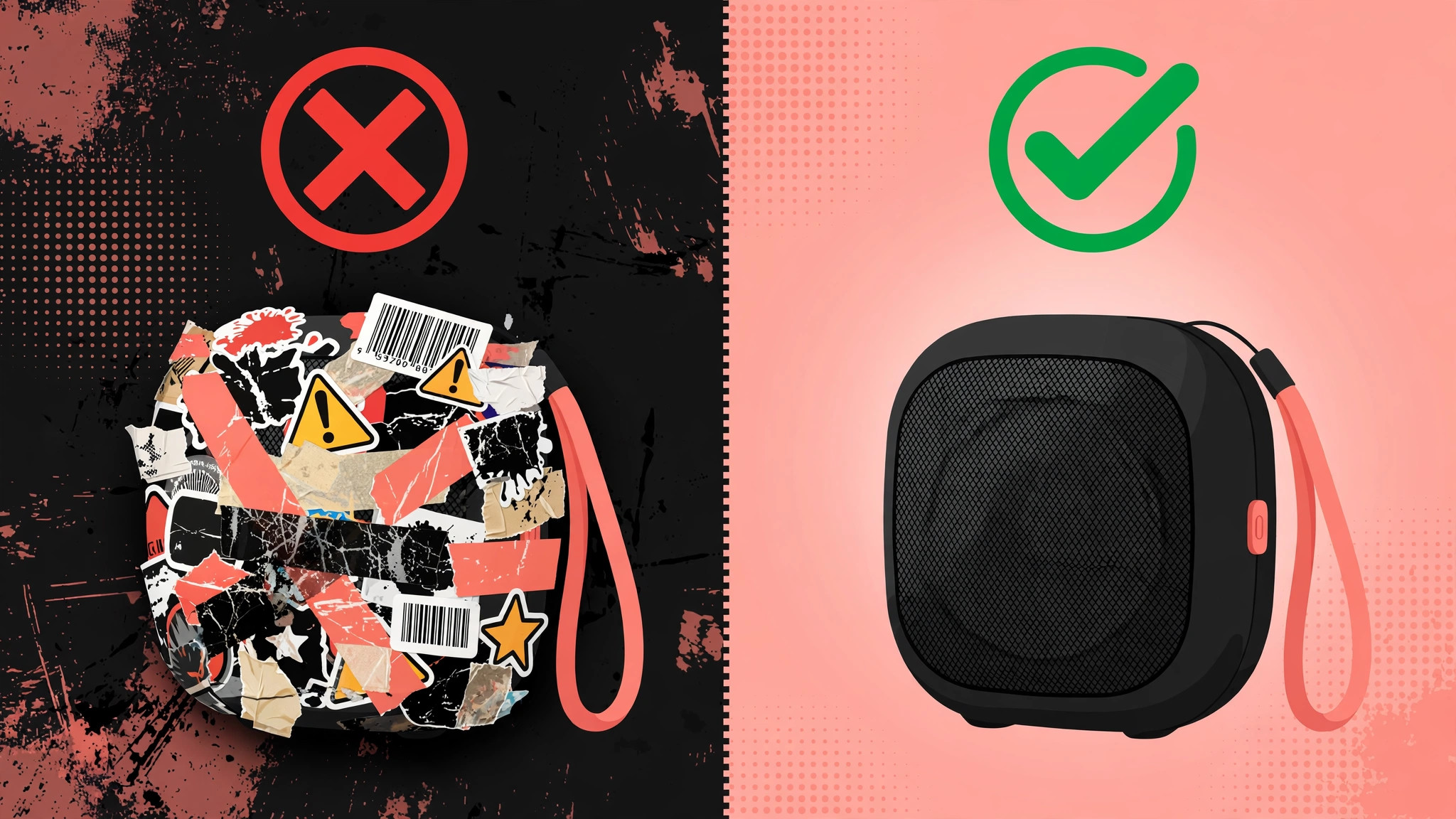 Comparison of a product hidden behind heavy effects, marked with a cross, against the same product shown clearly, marked with a tick