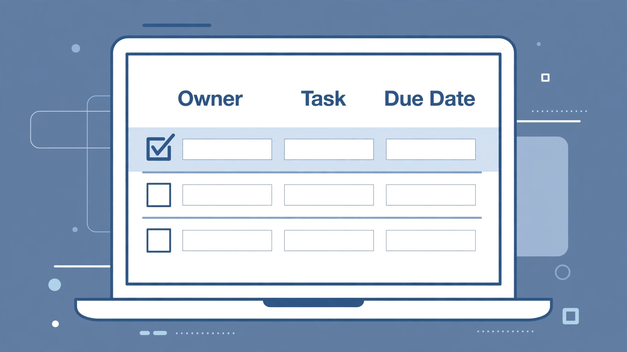 Meeting action template on a laptop with owner, task and due date columns