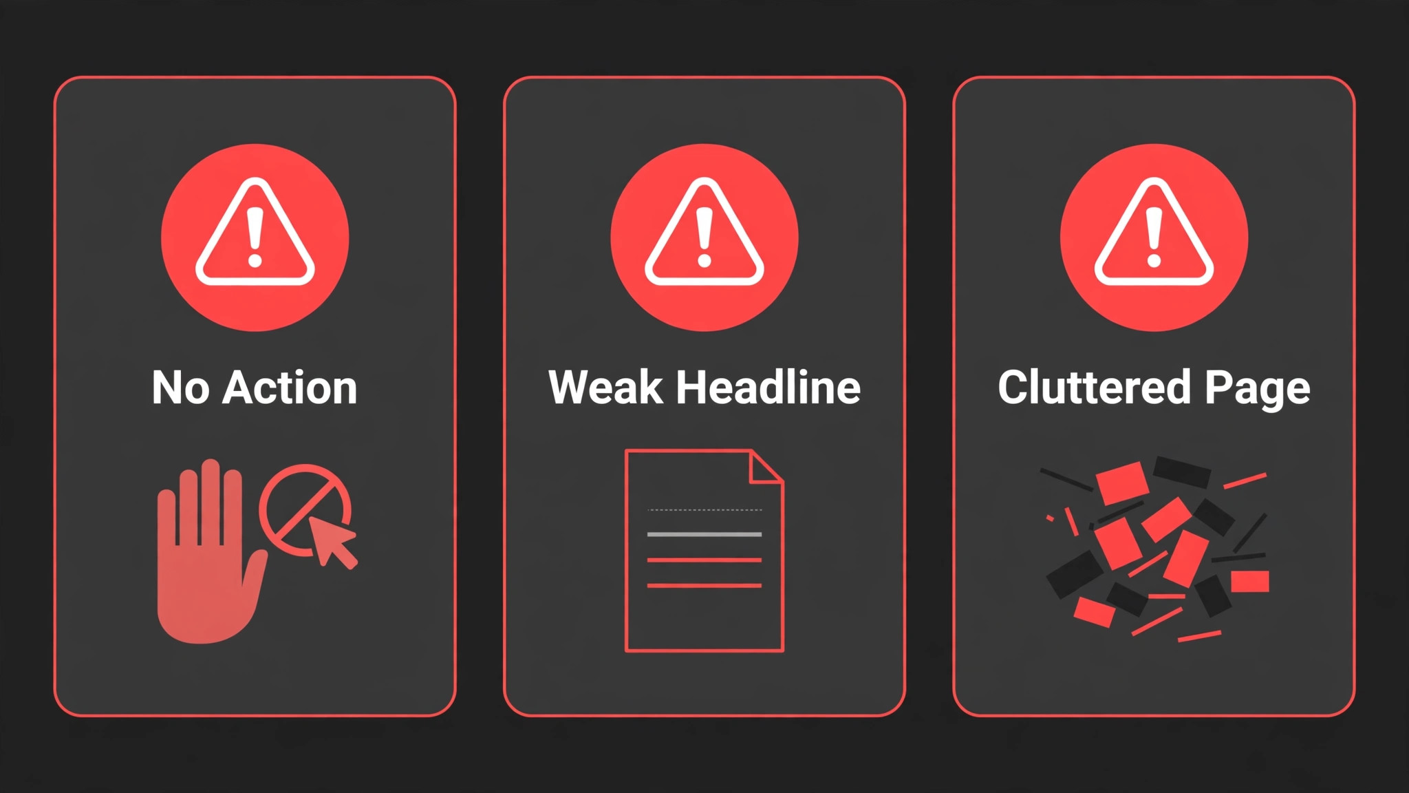 Warning cards for no action, weak headline and cluttered page mistakes
