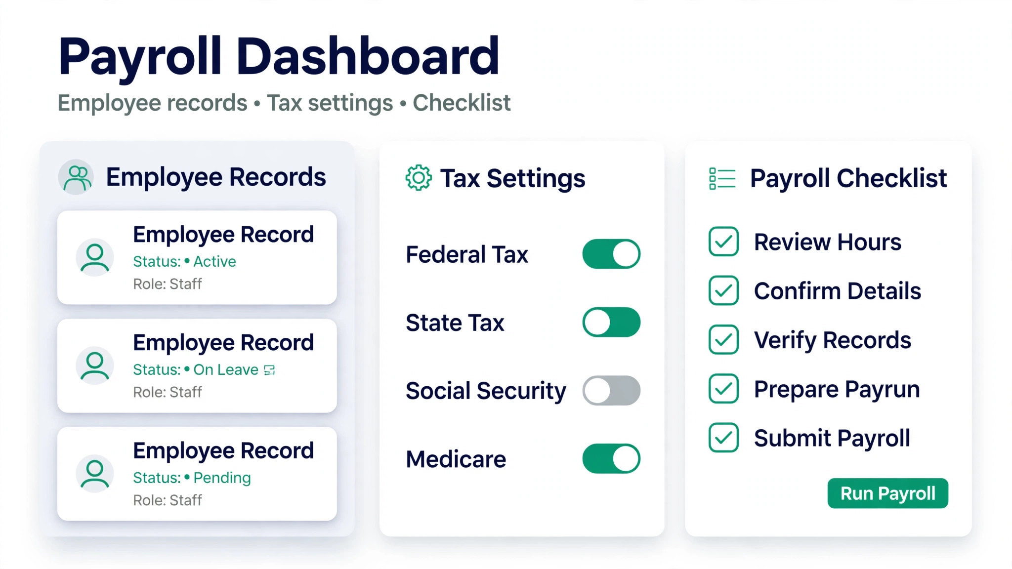 Payroll records and tax settings checked before the first run.