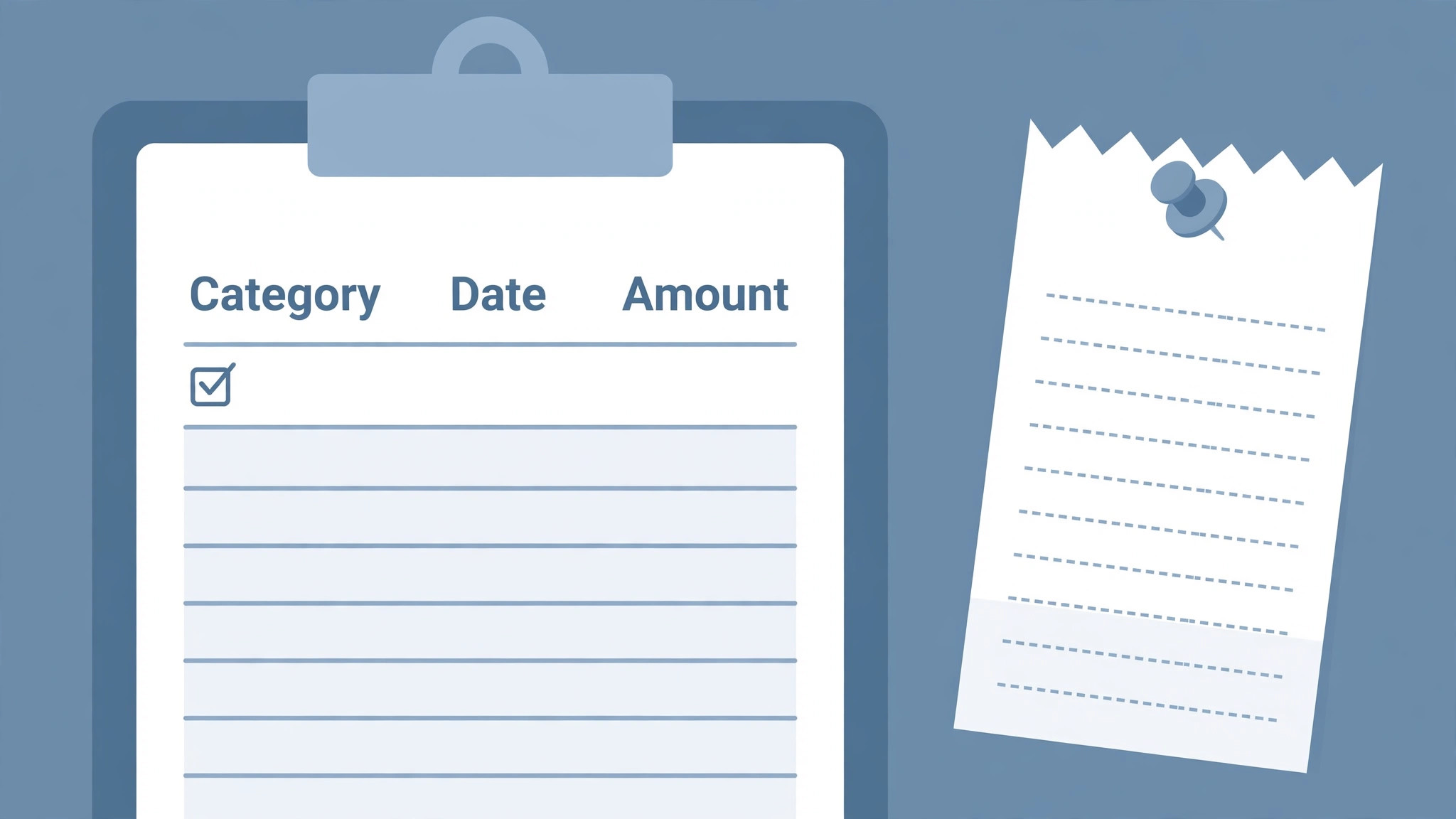 Blank expense template on a clipboard beside a pinned receipt