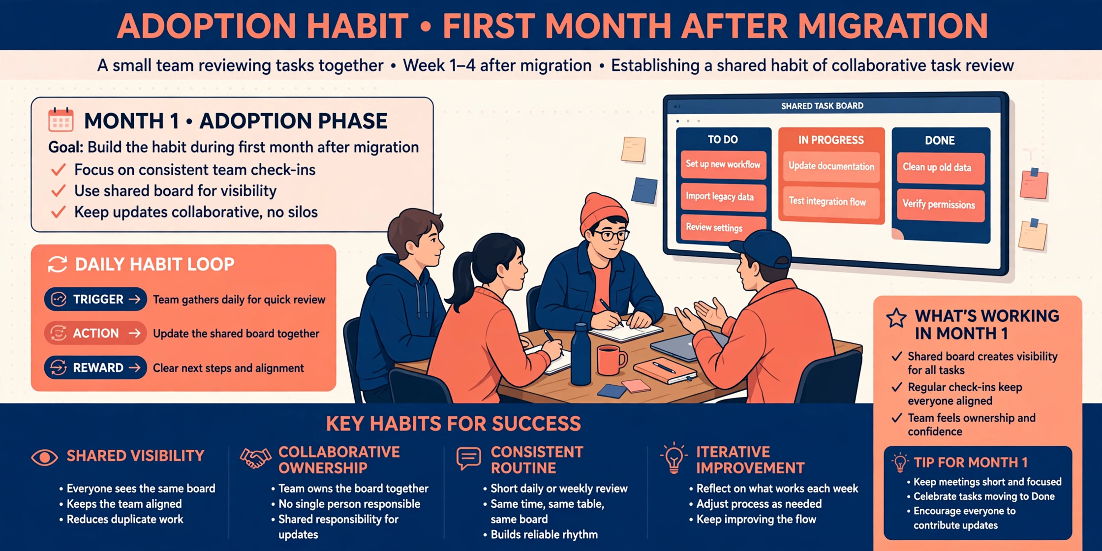 A team reviewing tasks together in the first month after migration.