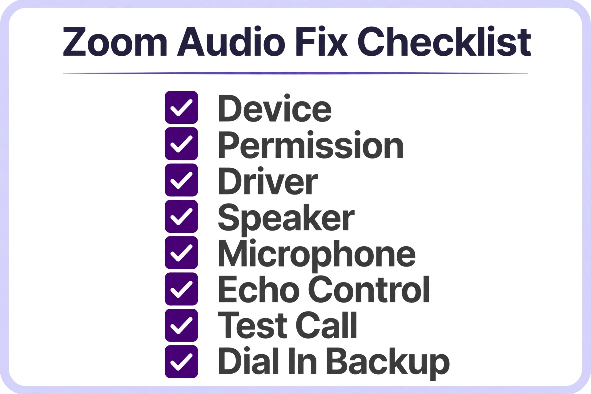 A checklist for the Zoom audio fix.