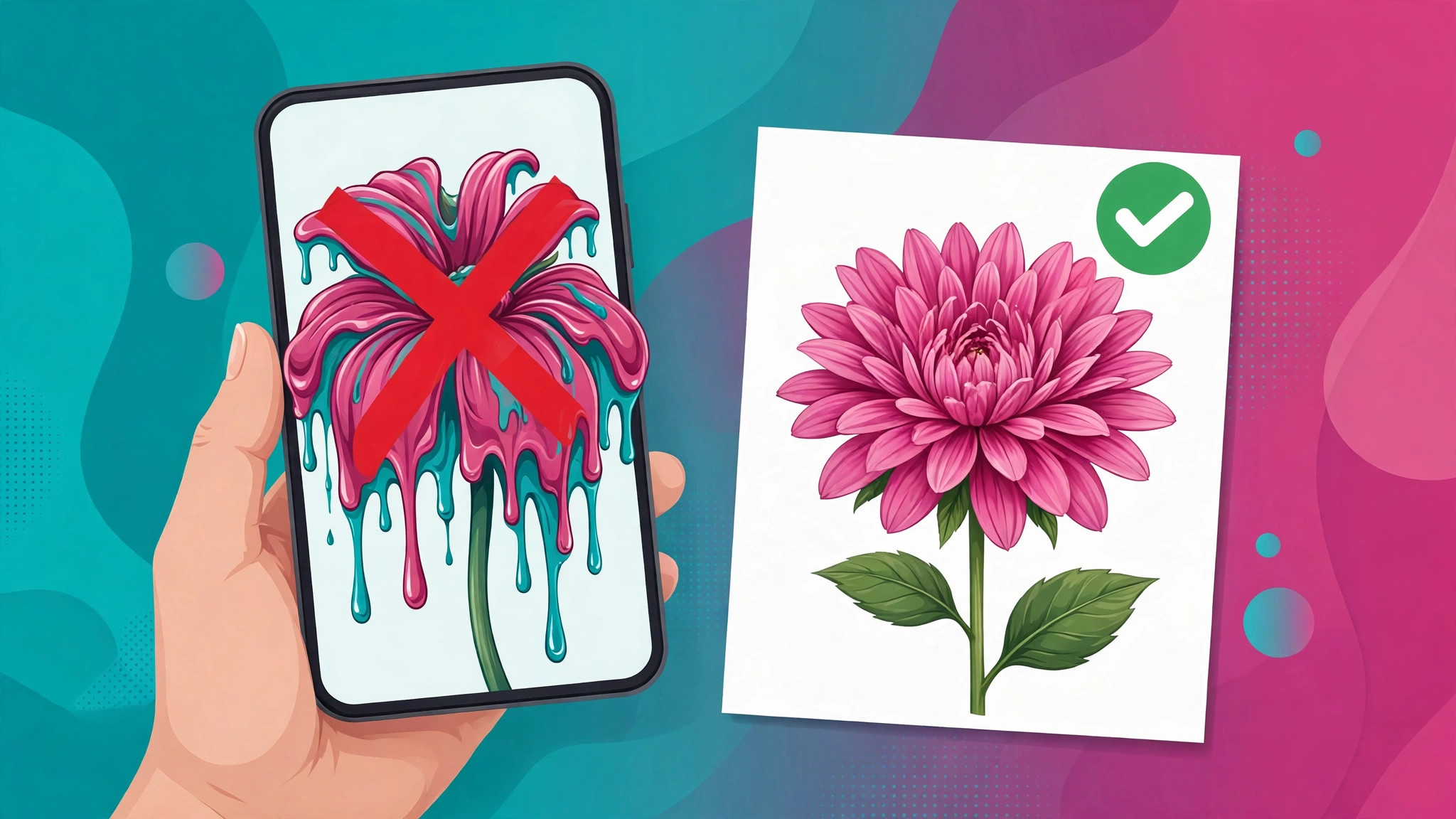 Phone showing a warped flower image marked with a red cross beside a clean flower post card marked with a green tick