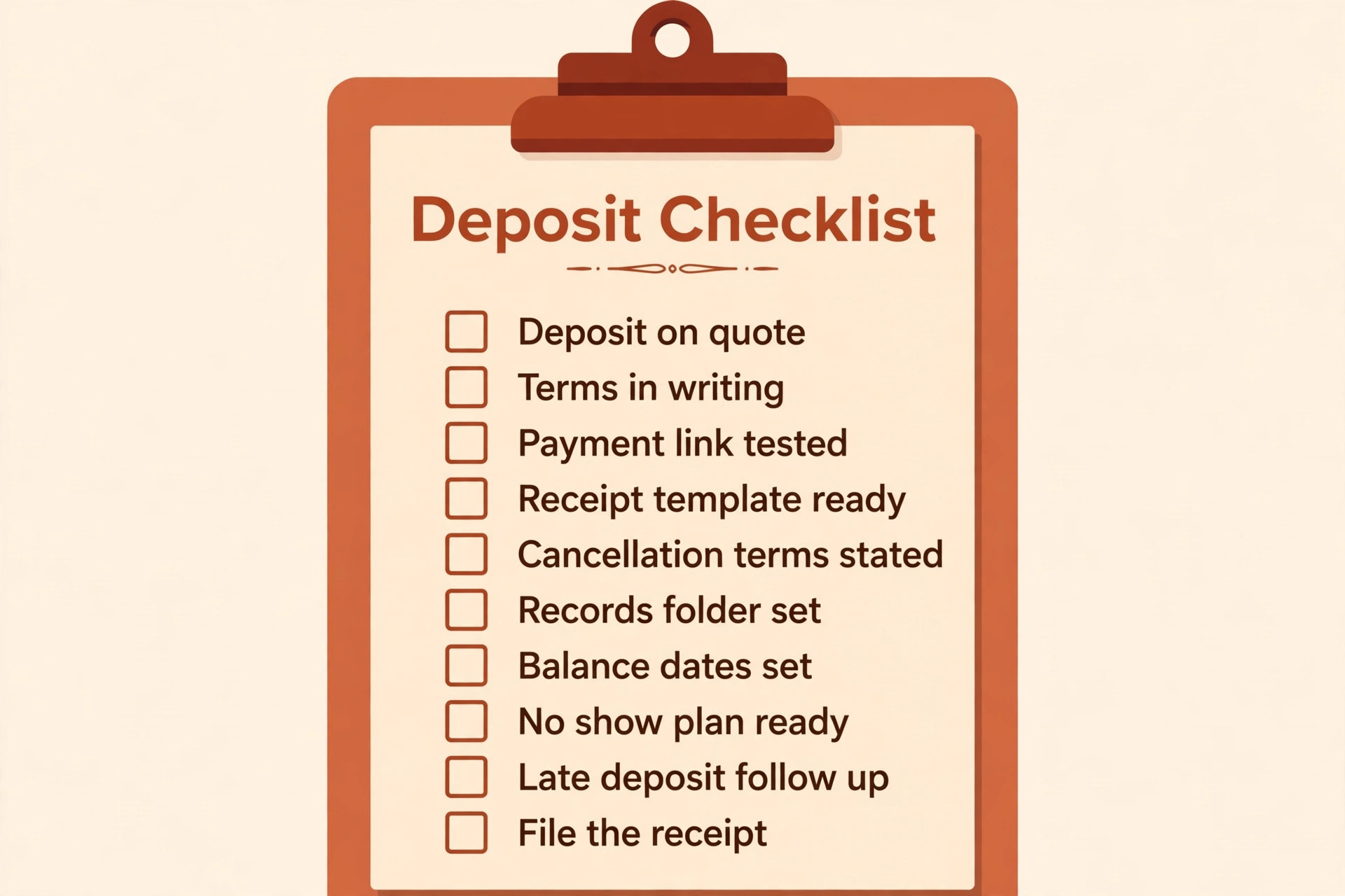 A checklist for deposits before work.