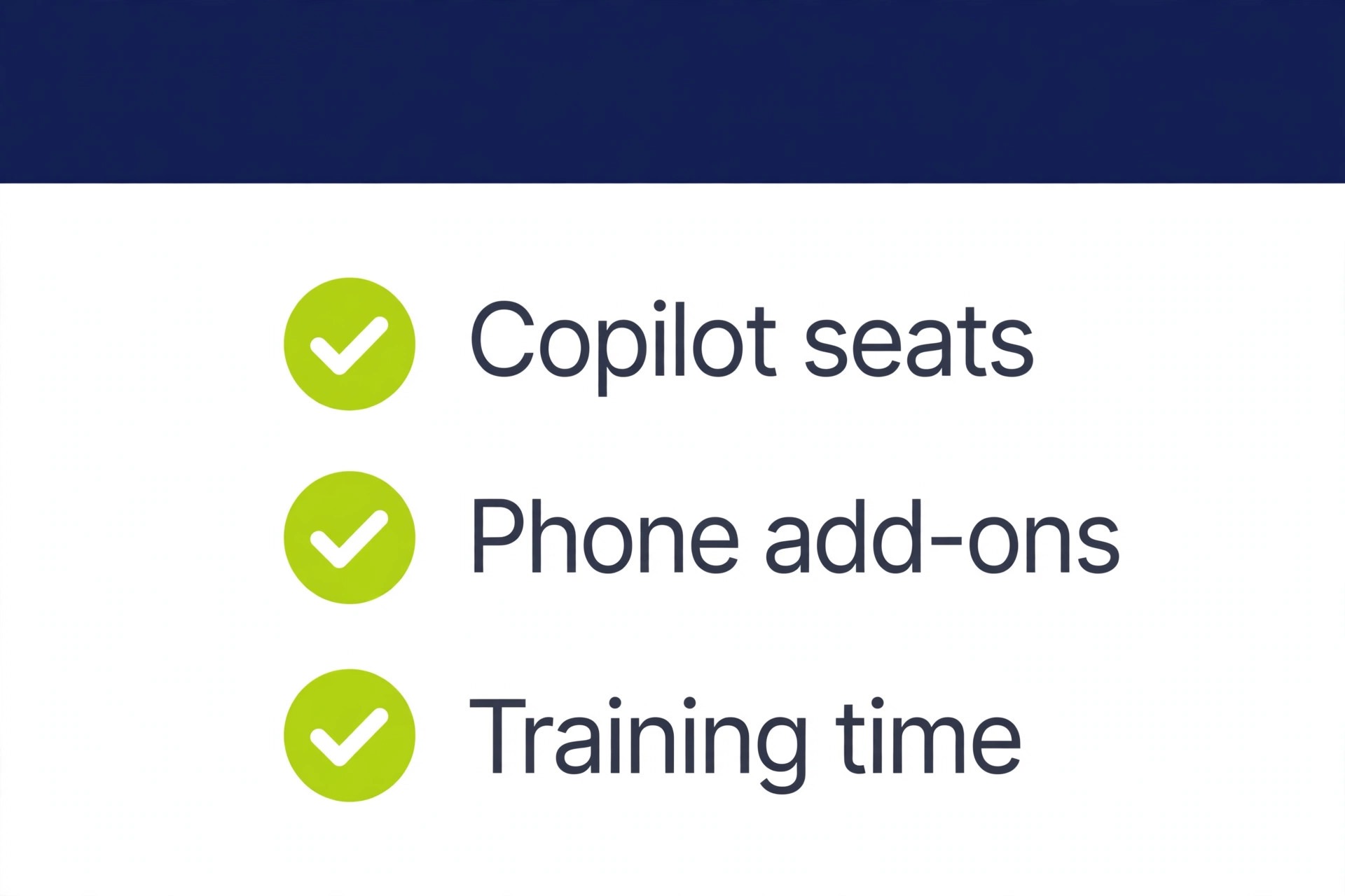 Checklist concept. A checklist page ticking Copilot seats, phone add ons, and training time
