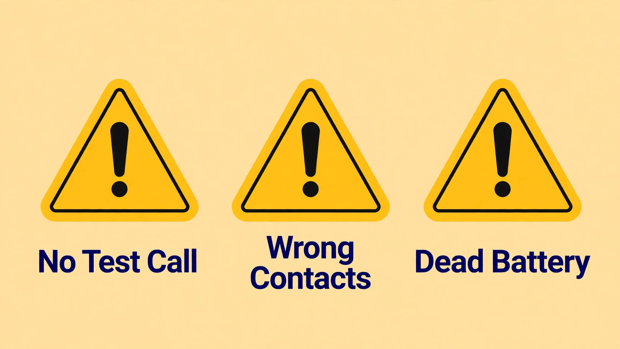 Warning signs for no test call, wrong contacts and a dead battery
