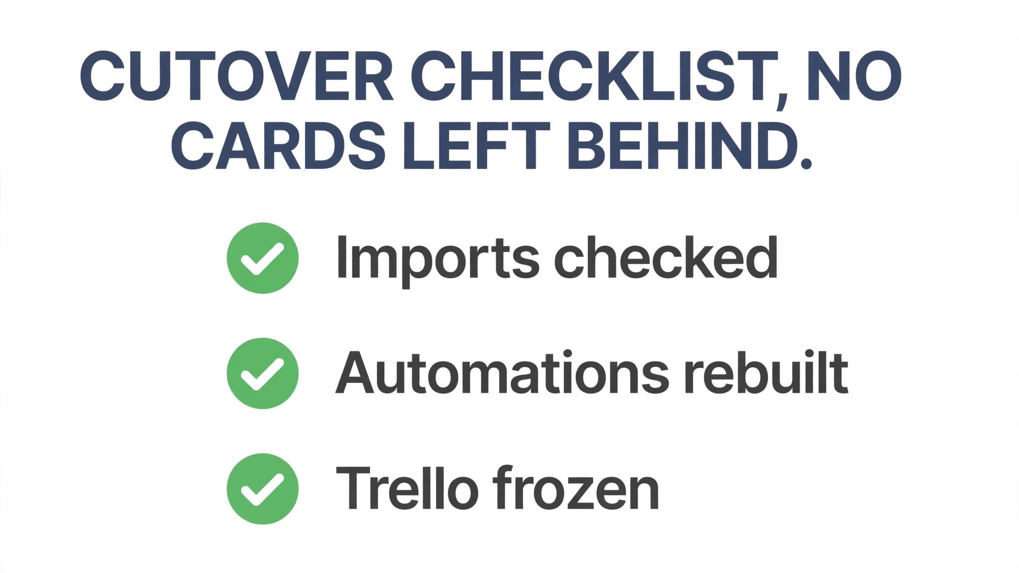 Checklist concept. A cutover page with ticks beside imports, automations and the Trello freeze