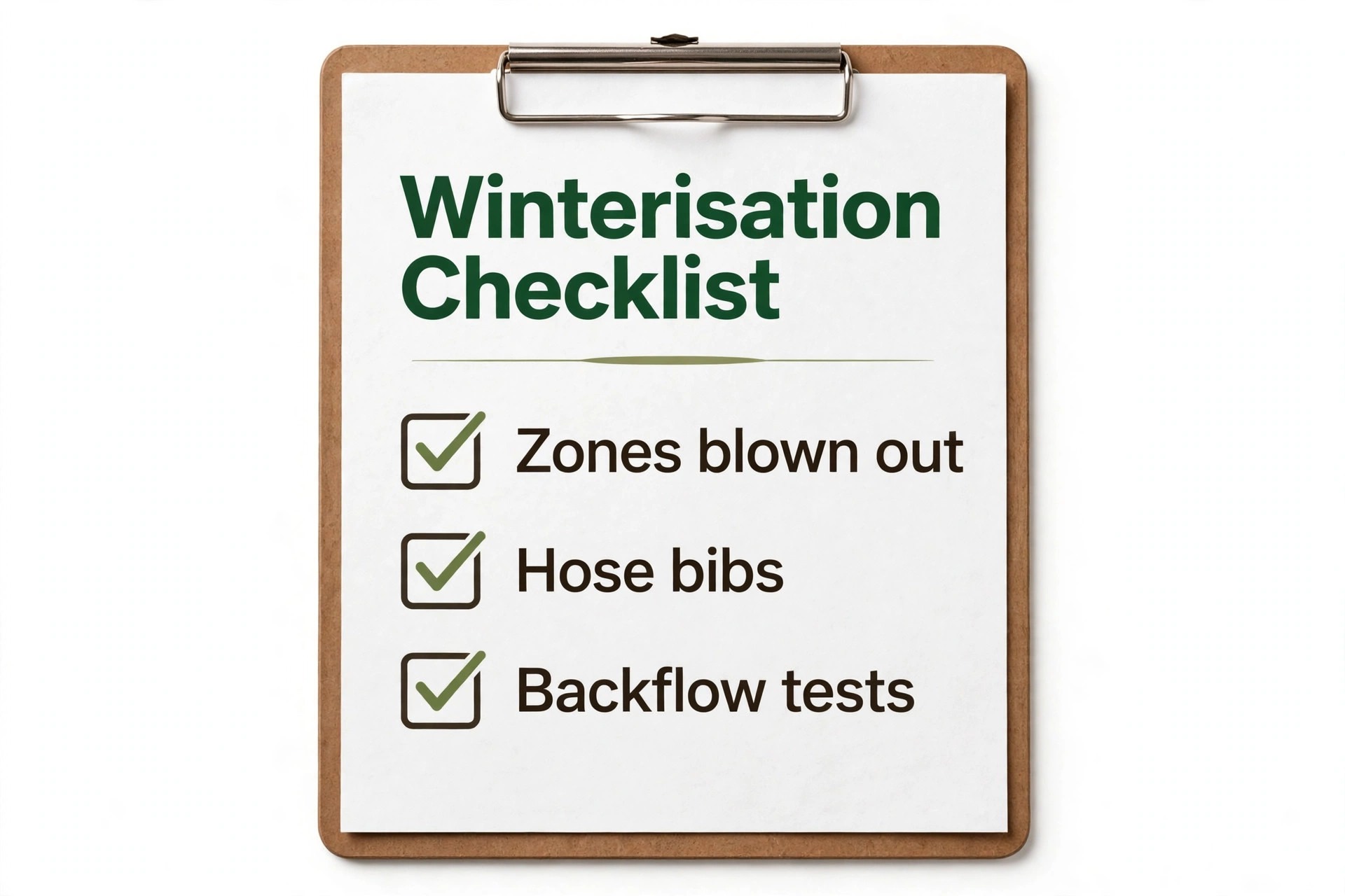 Checklist concept. A winterisation checklist page ticking zones blown out, hose bibs, and backflow tests