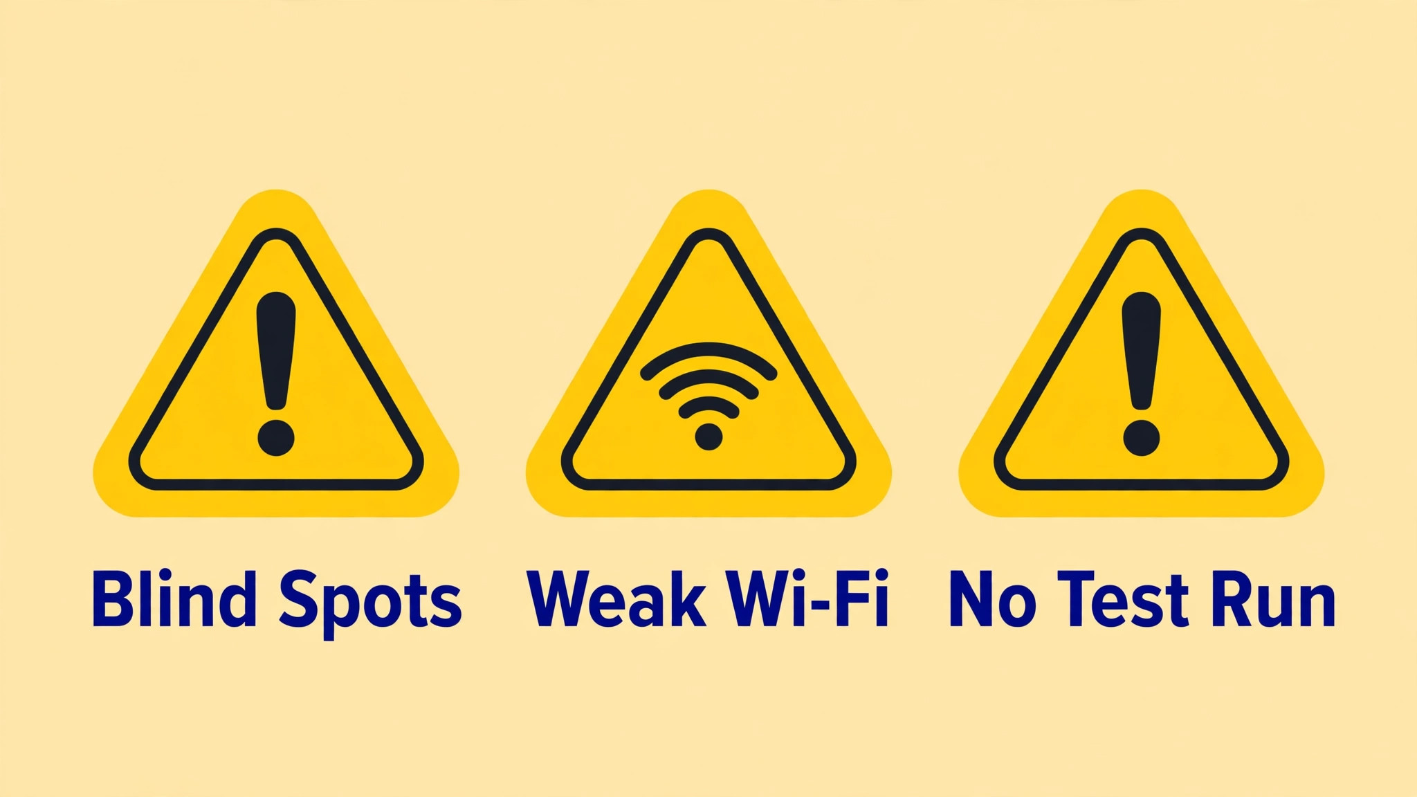 Warning signs for blind spots, weak Wi-Fi and no test run