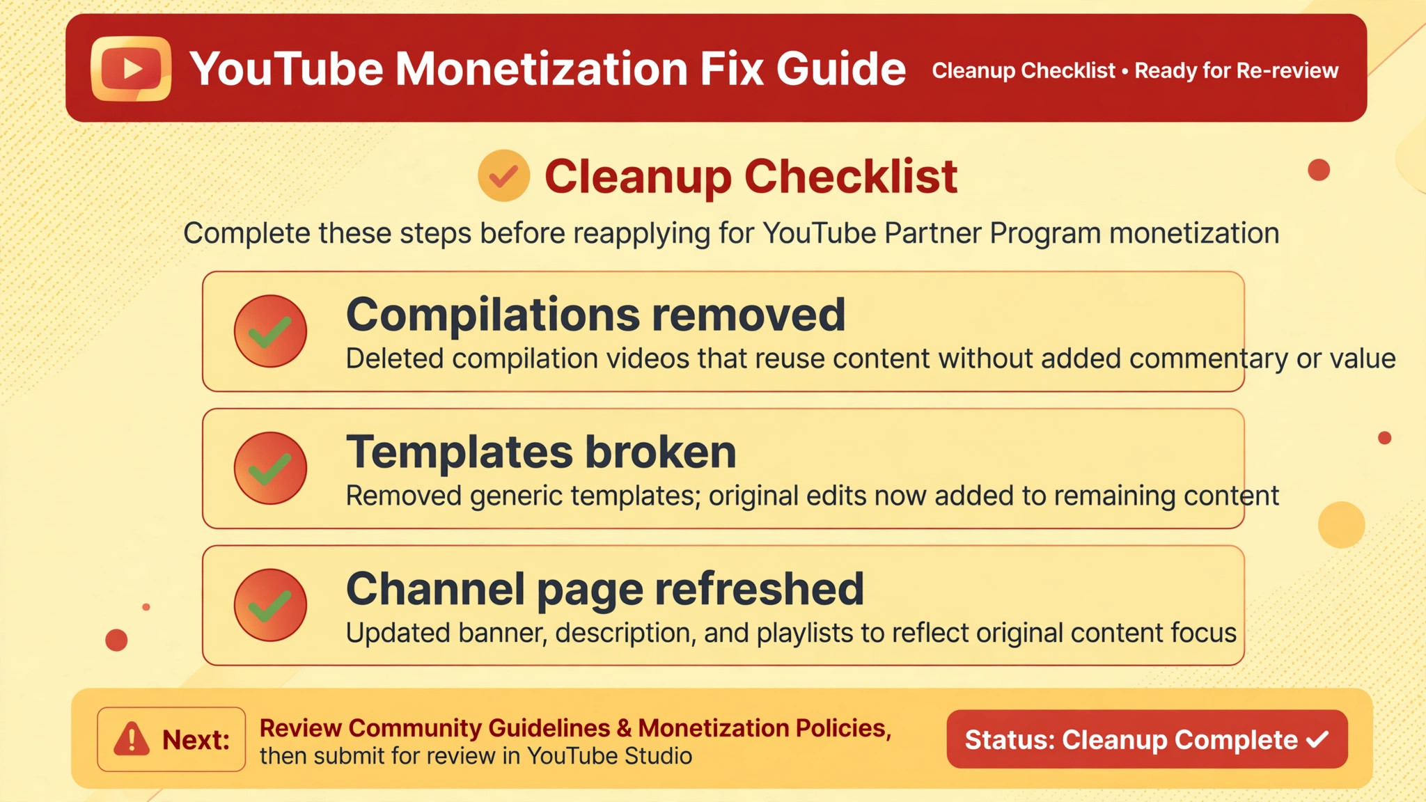 Checklist concept. A cleanup checklist page ticking compilations removed, templates broken, and channel page refreshed