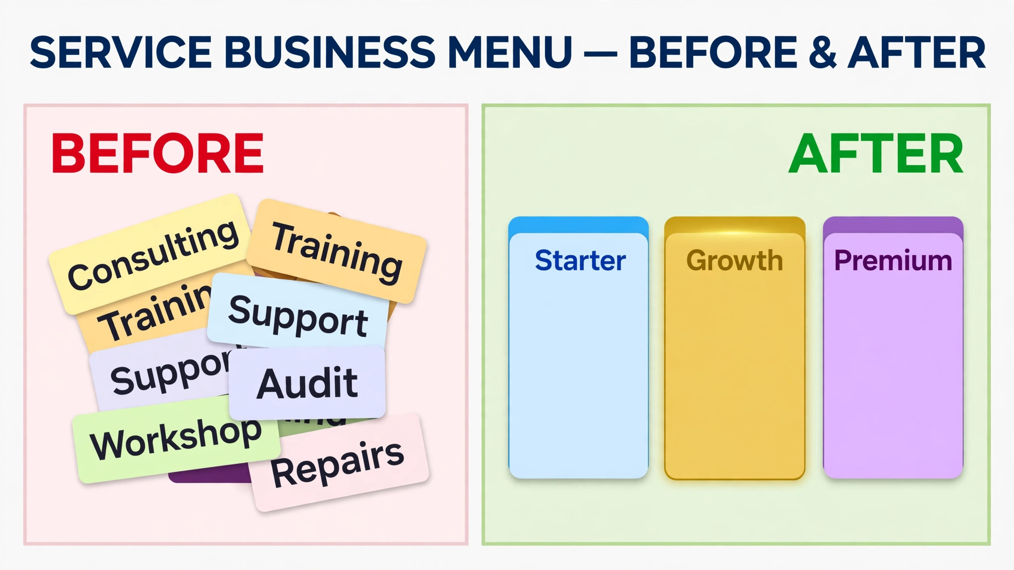 A before and after view of service menu layout.