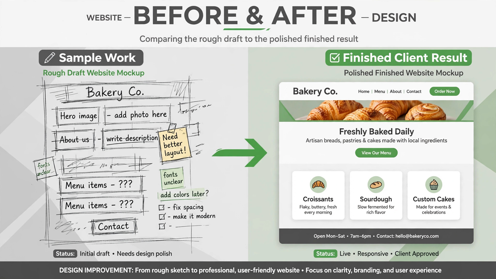 Before and after concept. A before and after visual of a sample work piece versus a finished client result