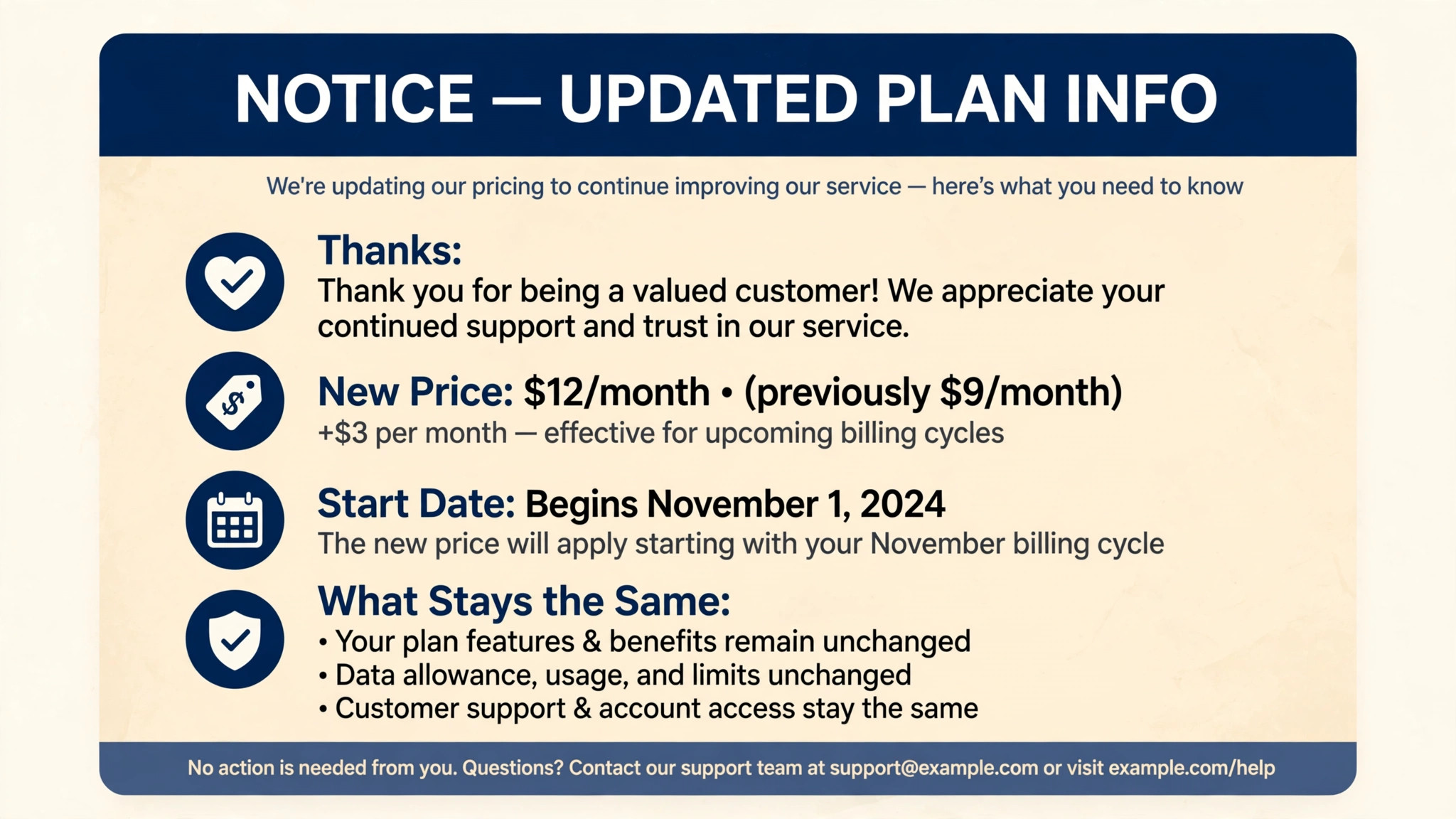 Callout concept. A notice script callout card with thanks, new price, date, and what stays the same