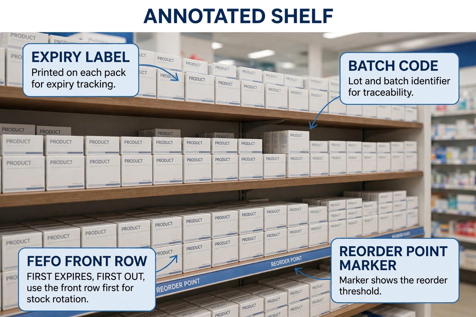 Annotated pharmacy shelf with expiry and reorder markers
