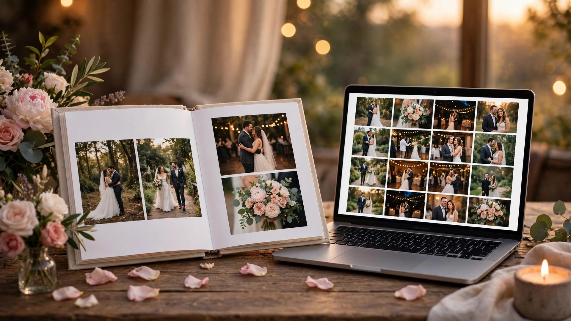 Mockup of a delivered wedding gallery and printed album