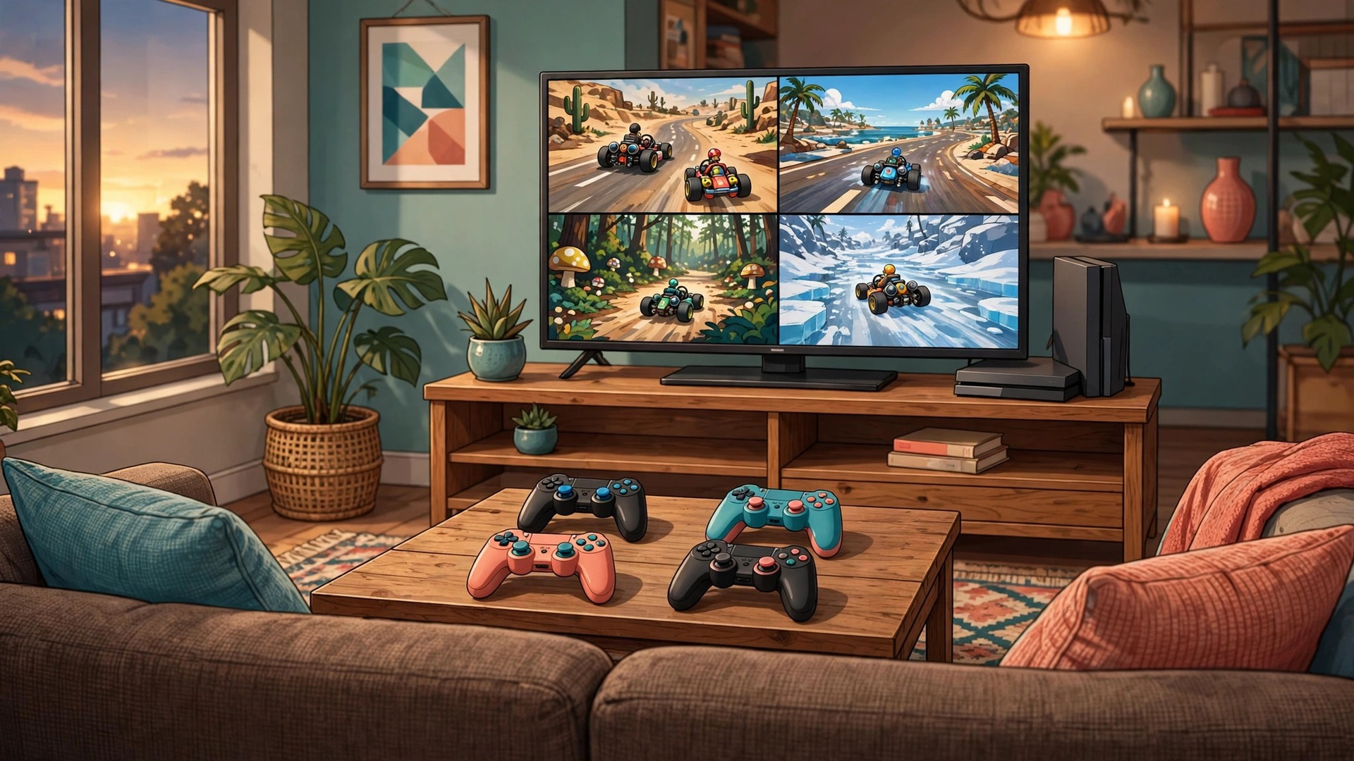 Mockup of a family playing a four player racing game on a living room television