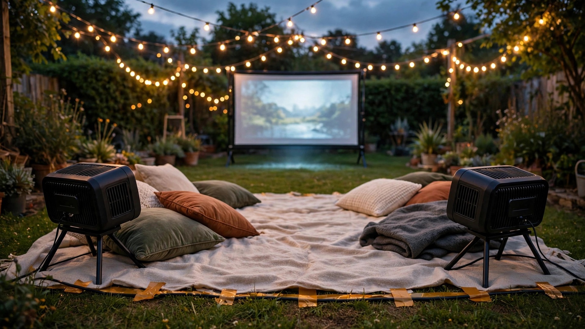 Mockup of paired speakers at an outdoor movie screening