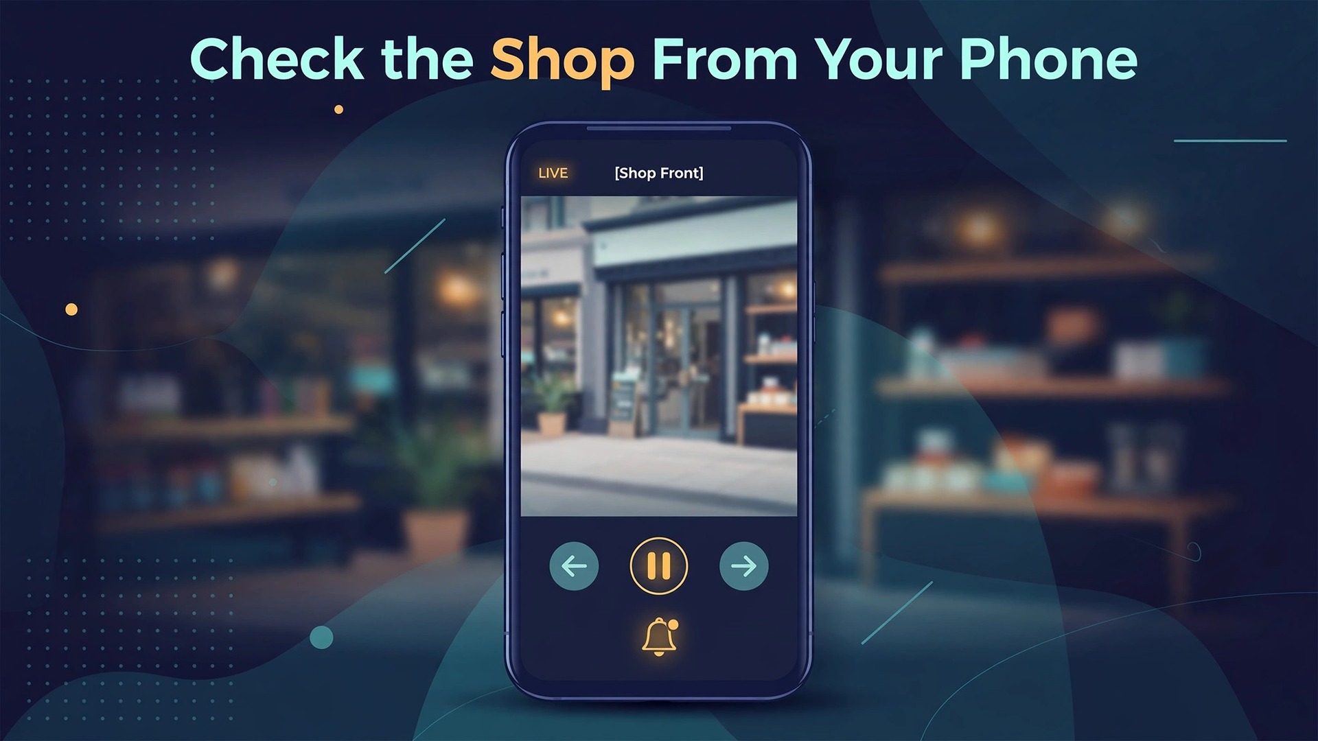 Phone mockup of remote security camera viewing for a small shop