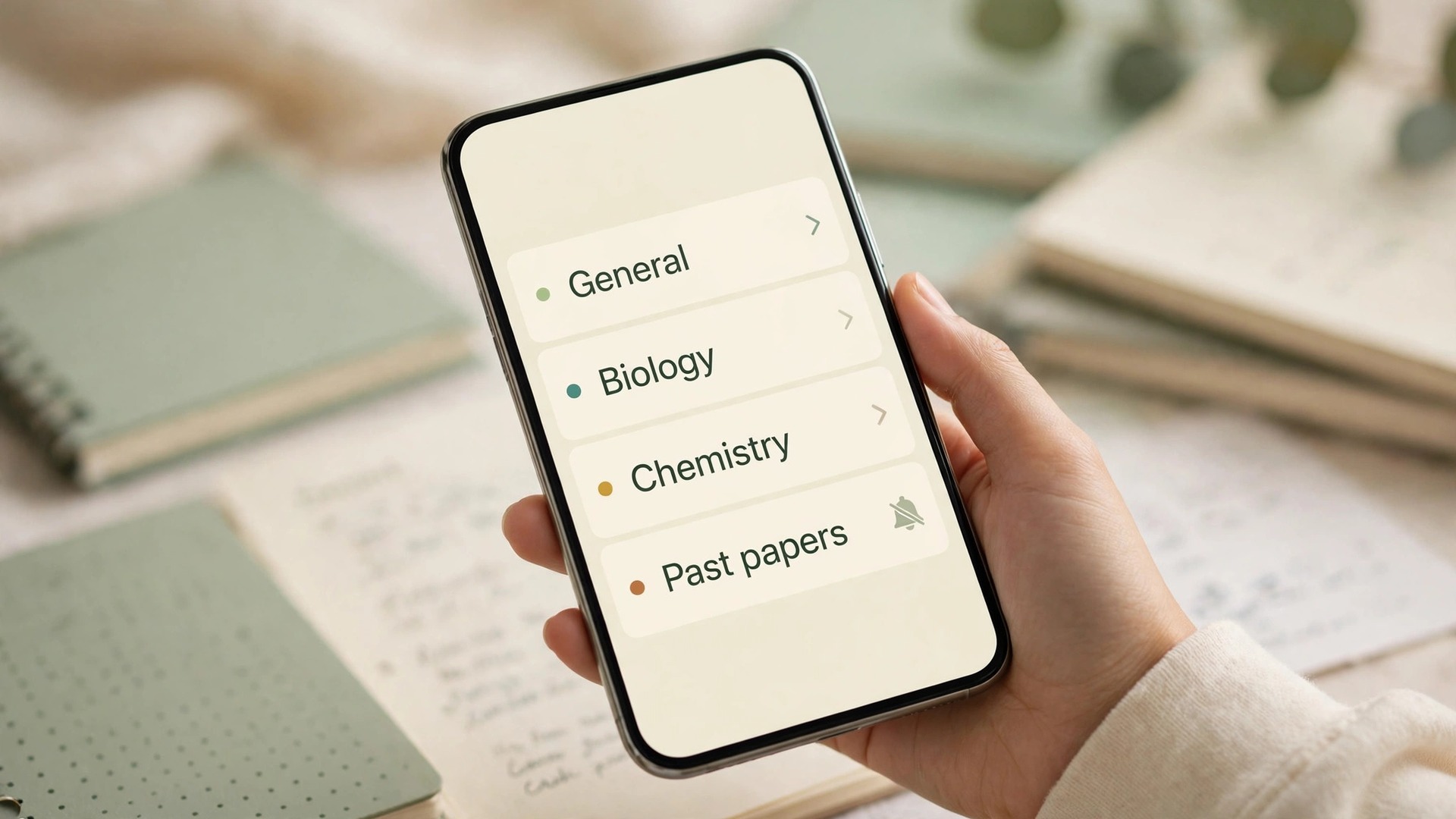 Phone mockup of Telegram topic threads for different subjects