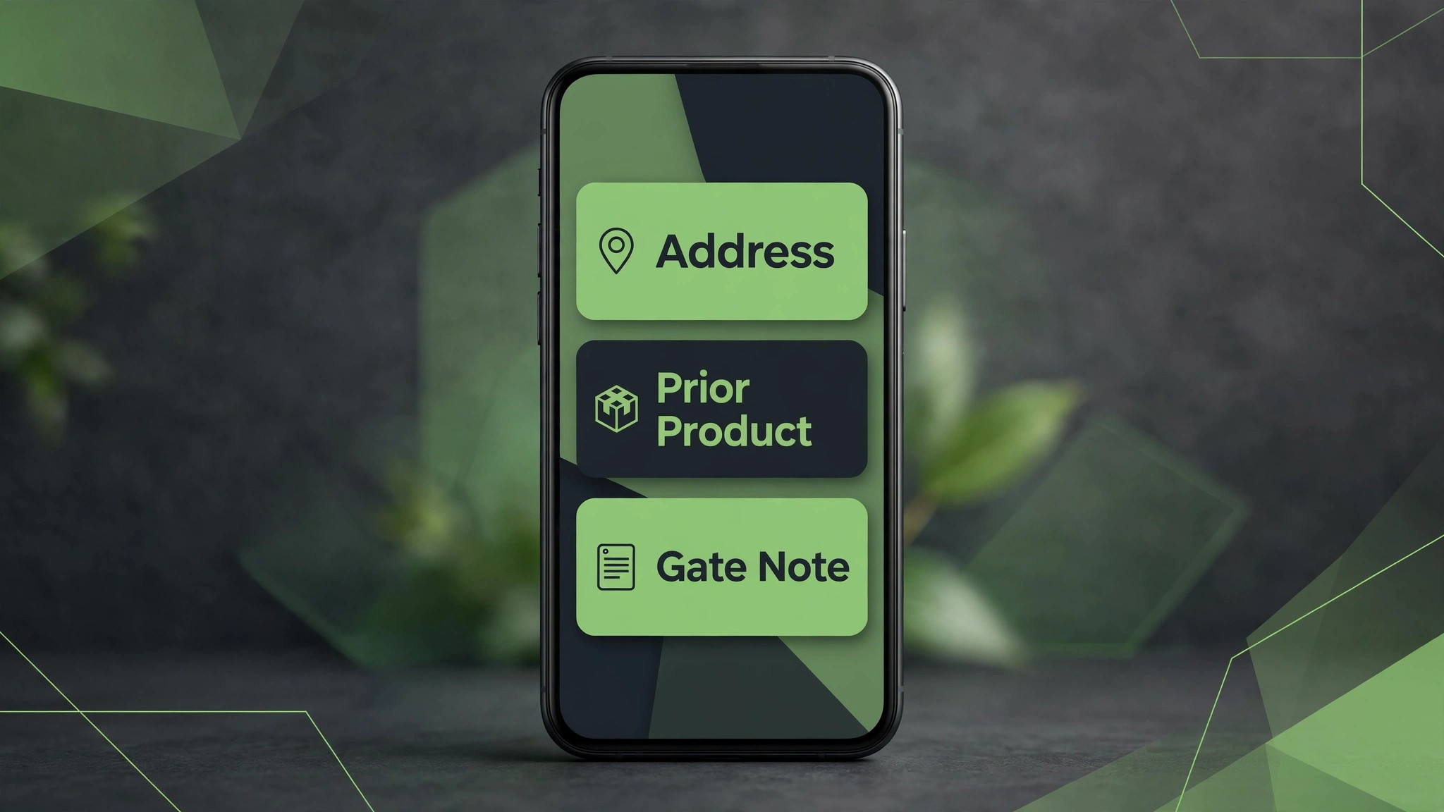 phone screen showing a technician job card with address, prior product, and gate note.
