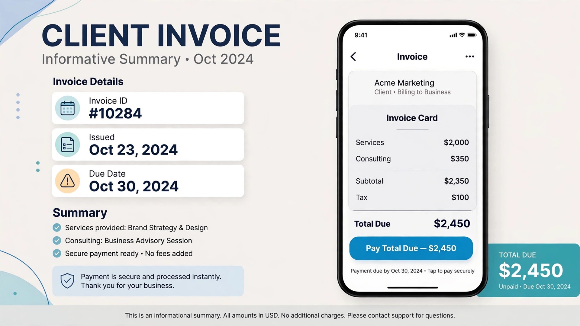 phone screen showing a client invoice card with amount, due date, and pay button.