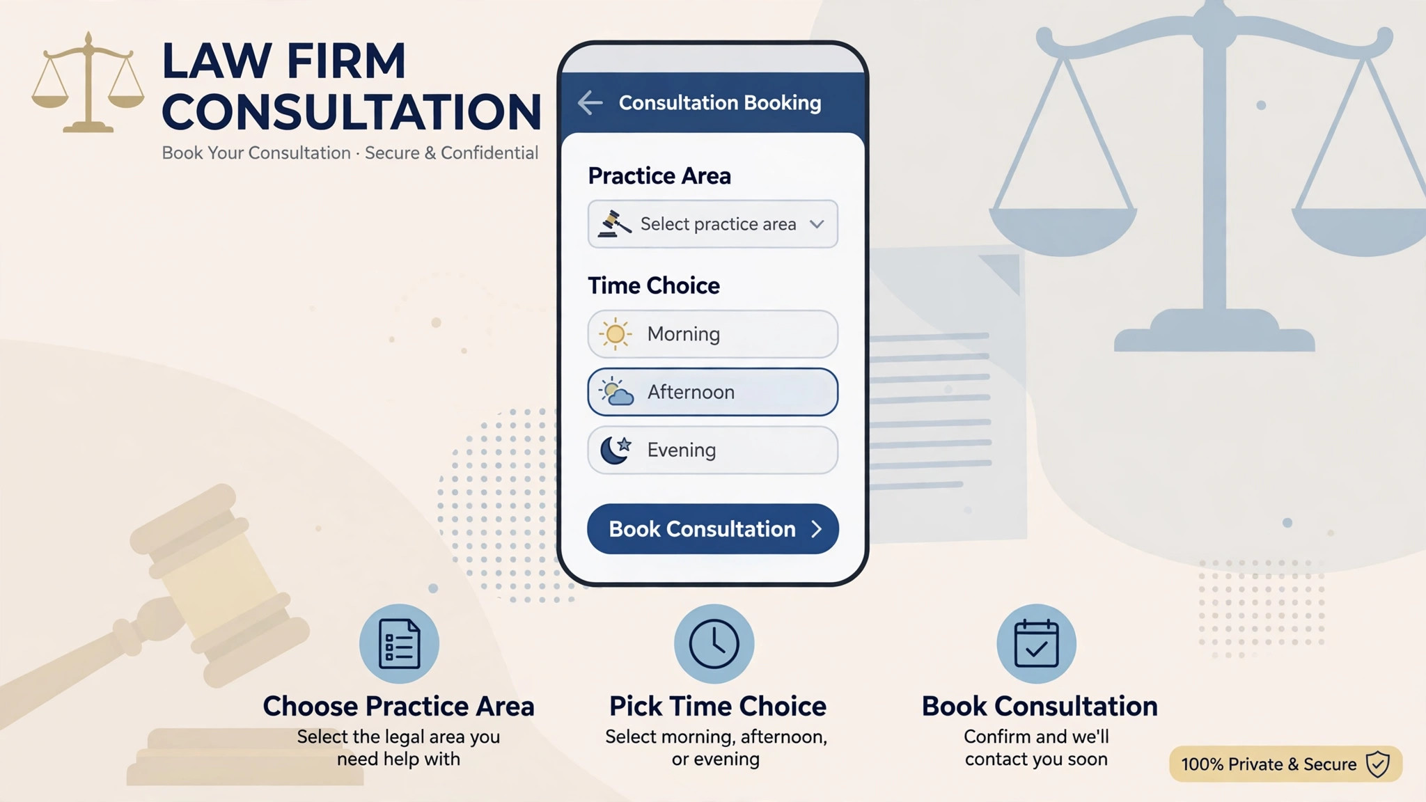 phone mockup of a law firm booking form