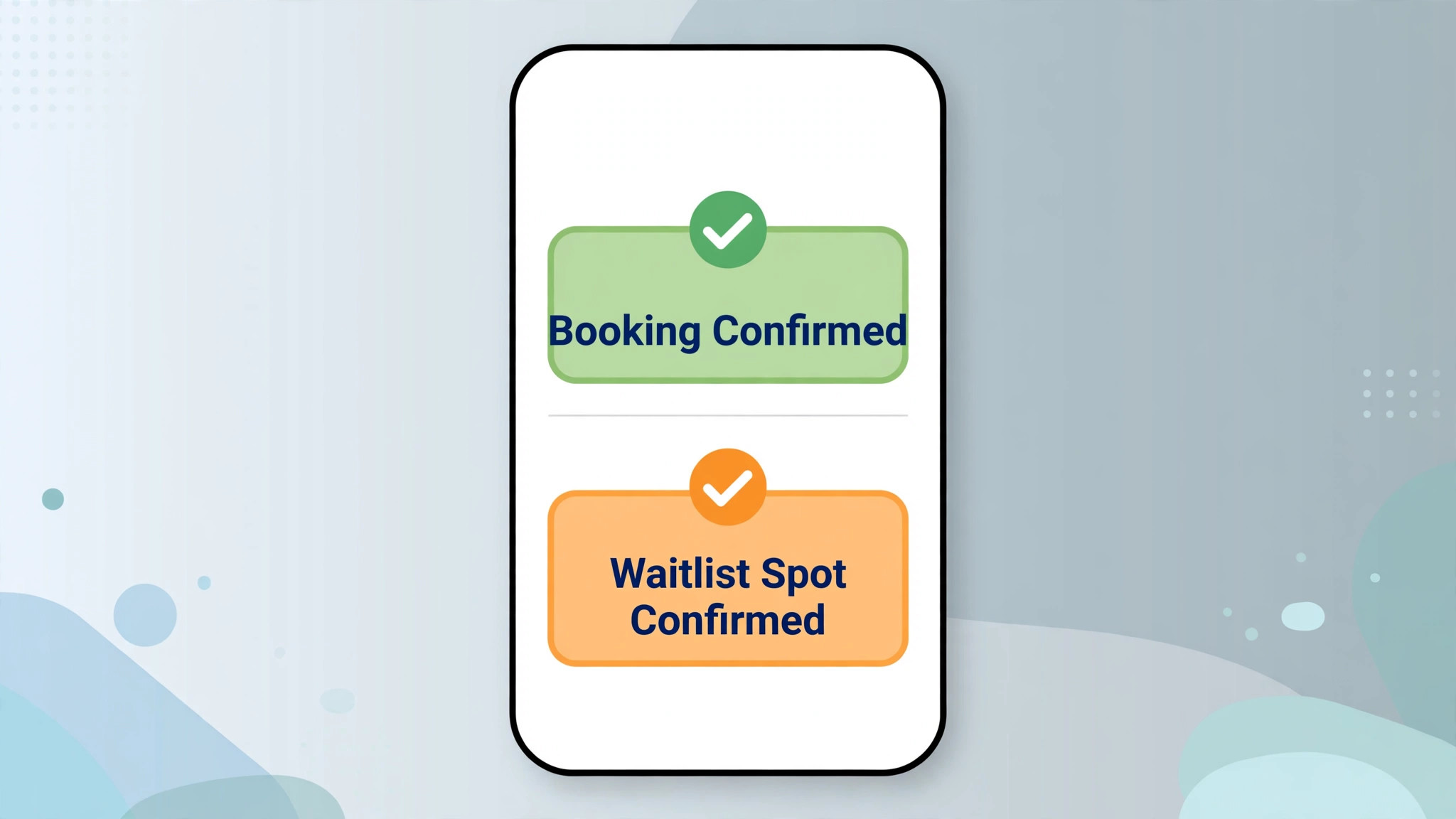 A mockup of a phone screen showing a class booking and waitlist spot confirmed