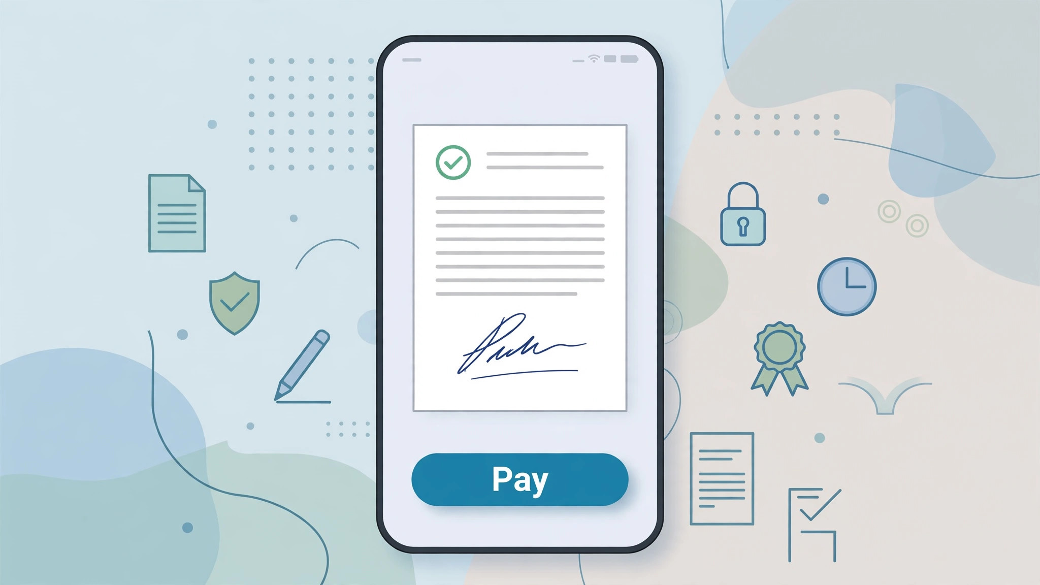 A mockup of a signed proposal on a phone screen with a payment button visible