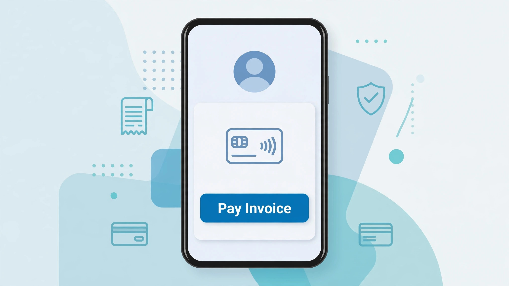 A mockup of a phone screen showing a client paying an invoice in the portal