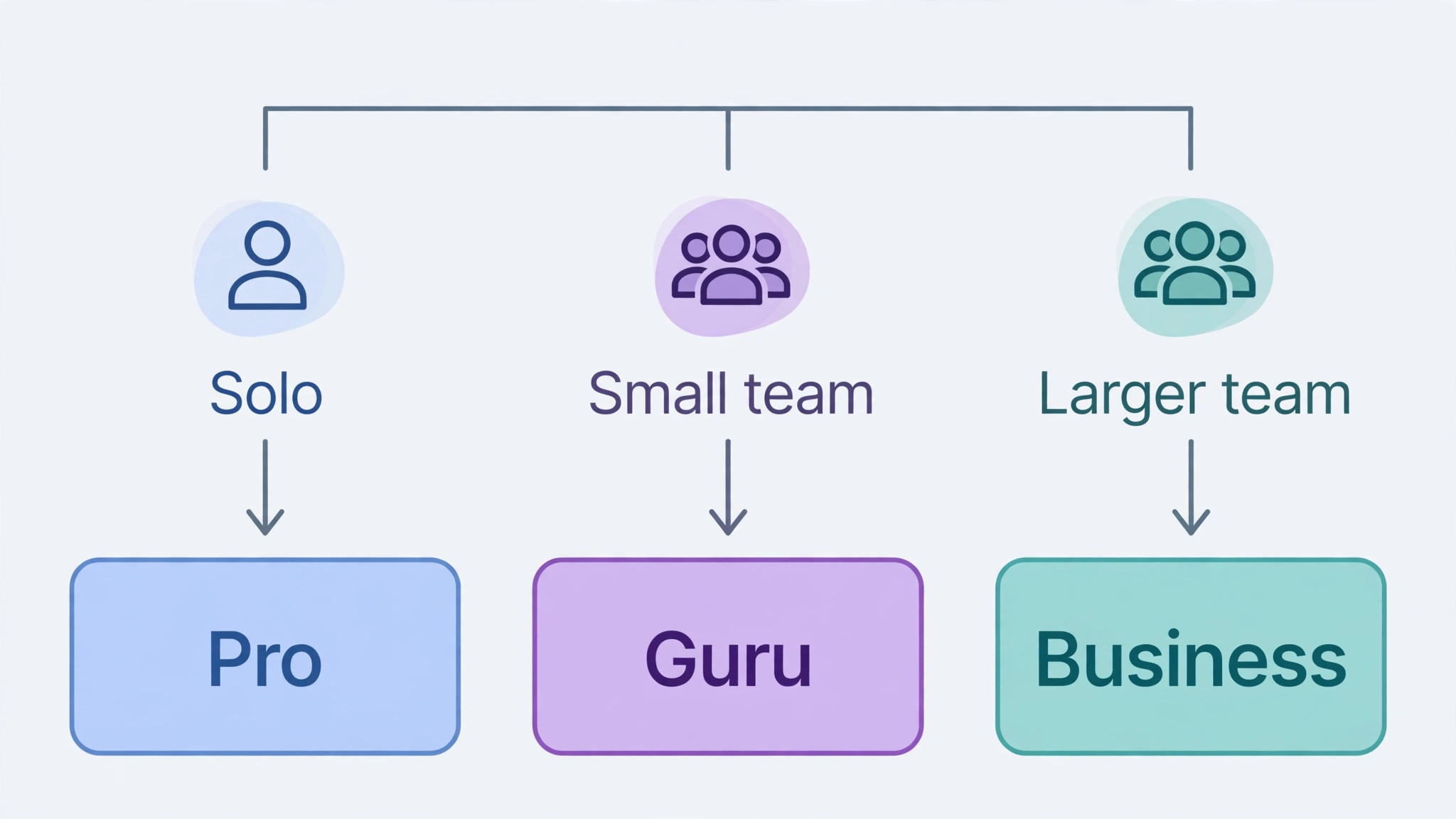 flowchart helping a reader choose Pro, Guru or Business from team size and tasks