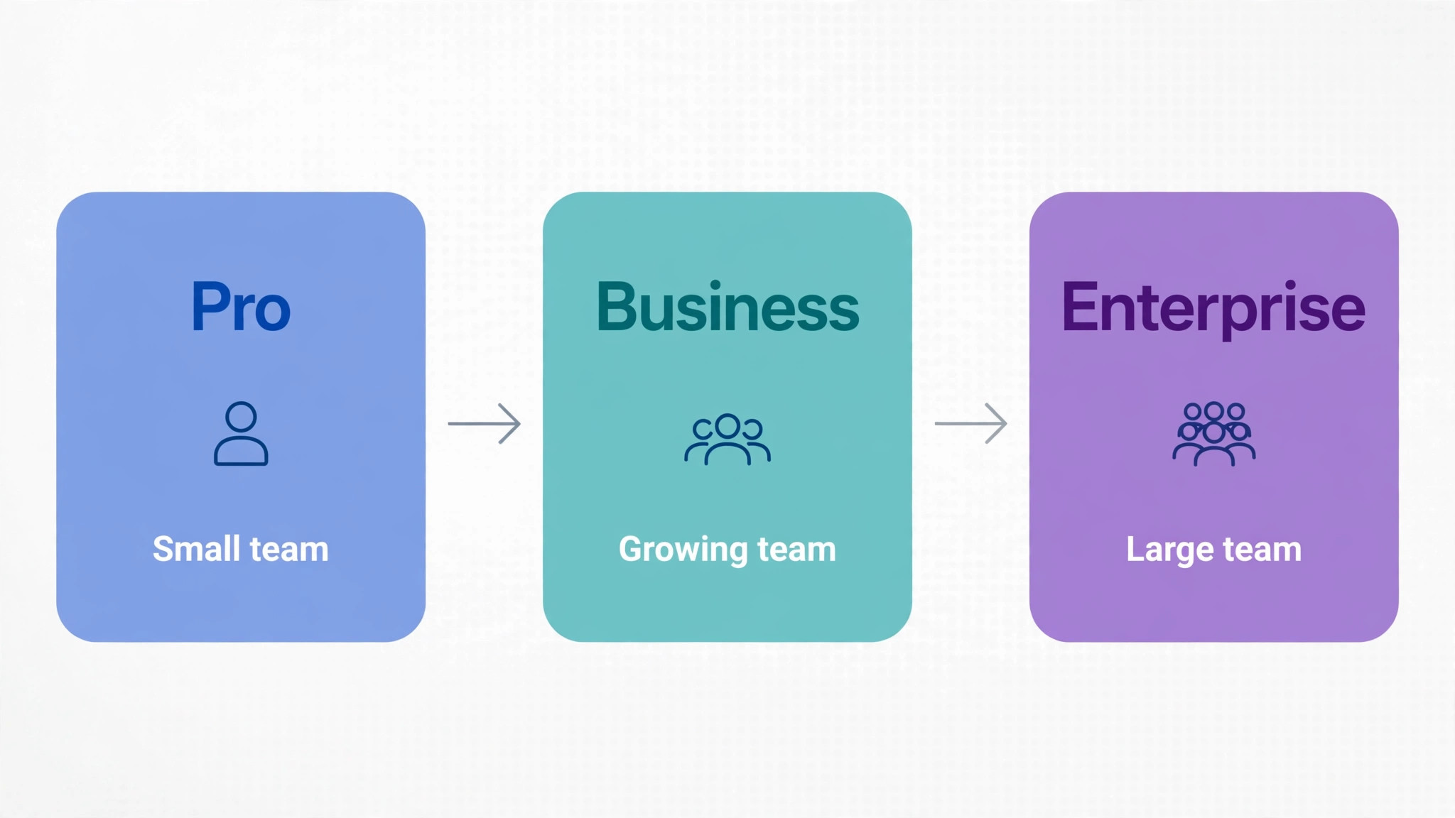 flowchart helping a reader choose Pro, Business or Enterprise from team size and needs