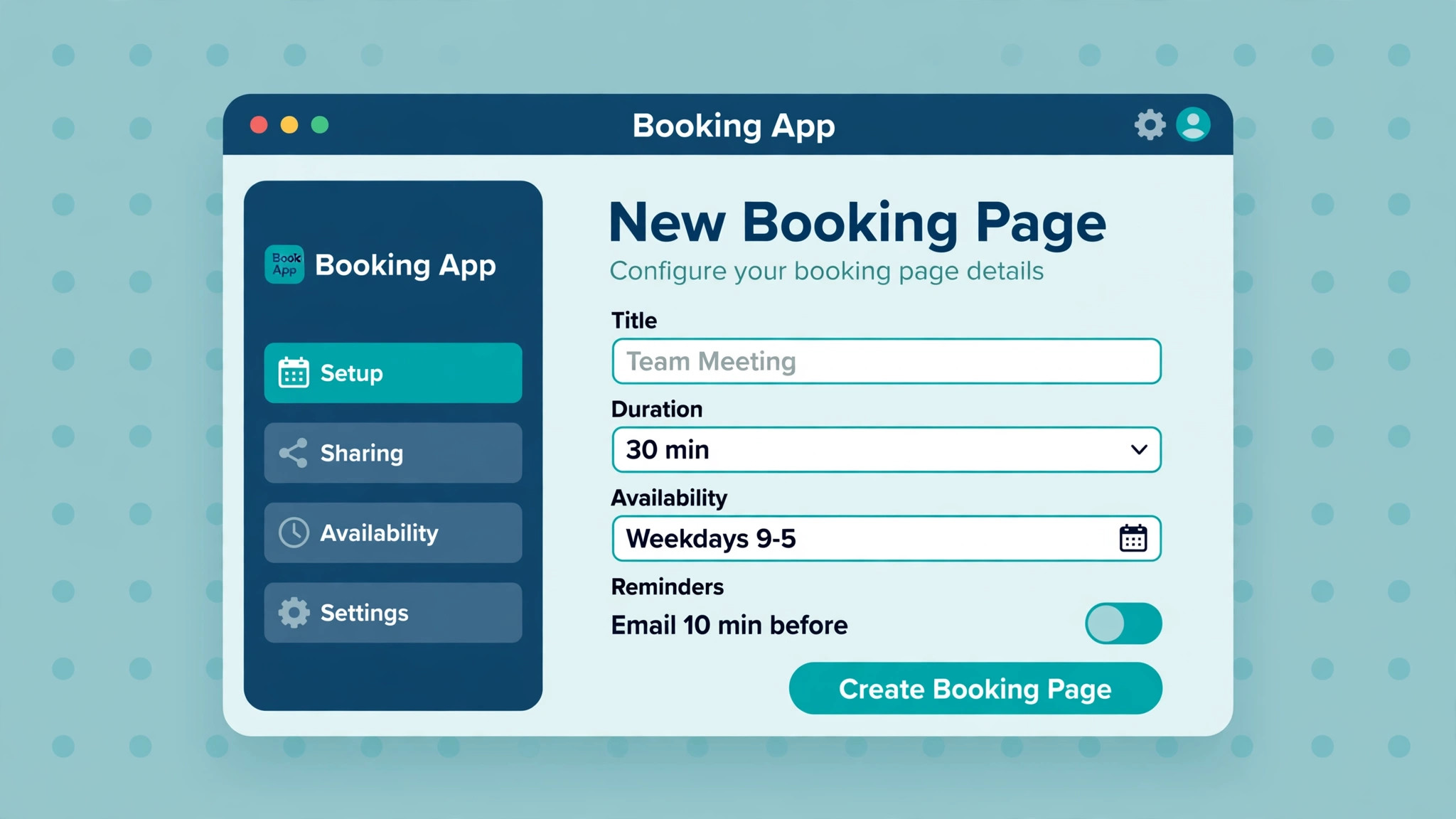 Mockup of a new booking page setup screen