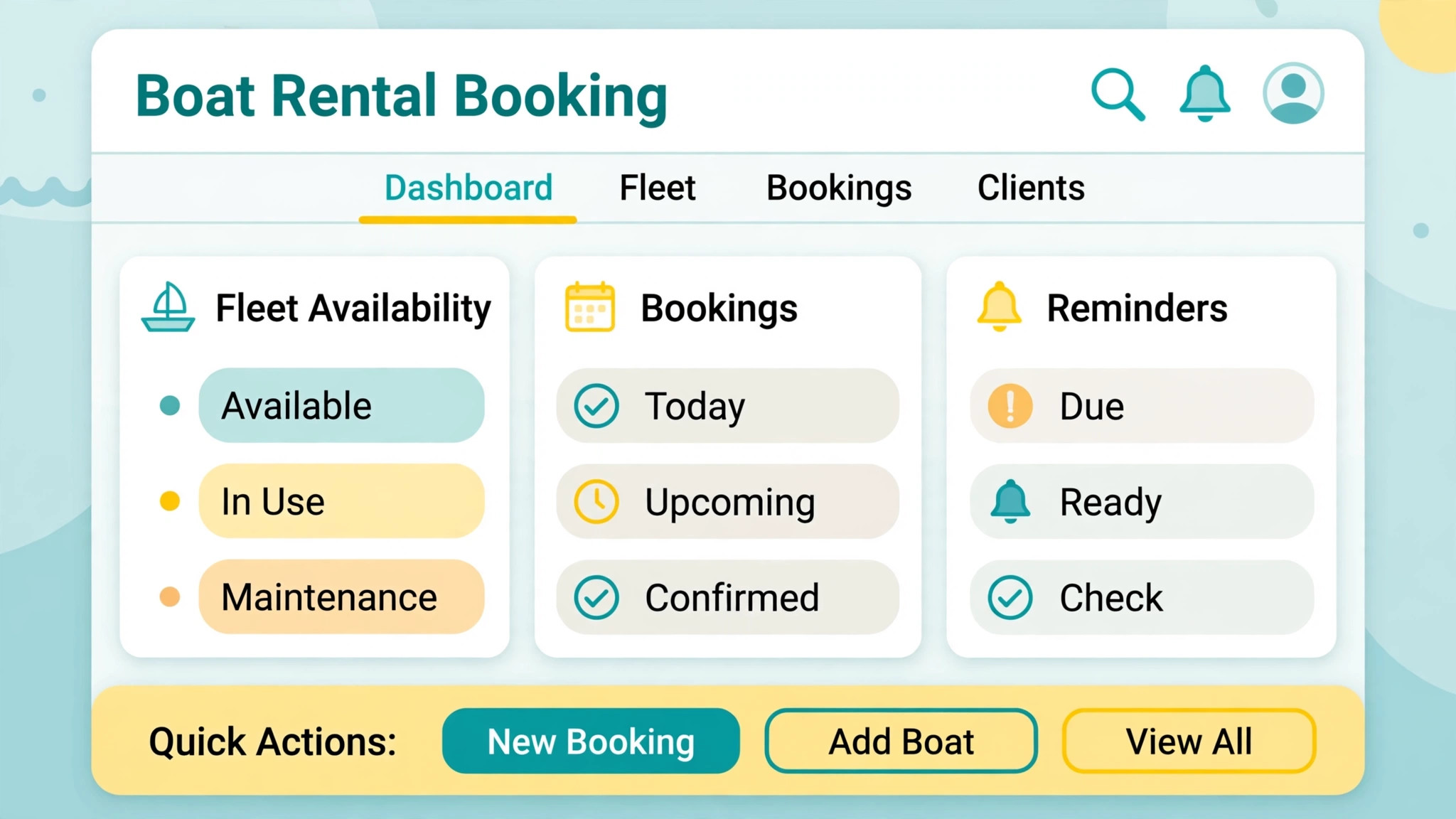 Mockup of a boat rental booking tool dashboard
