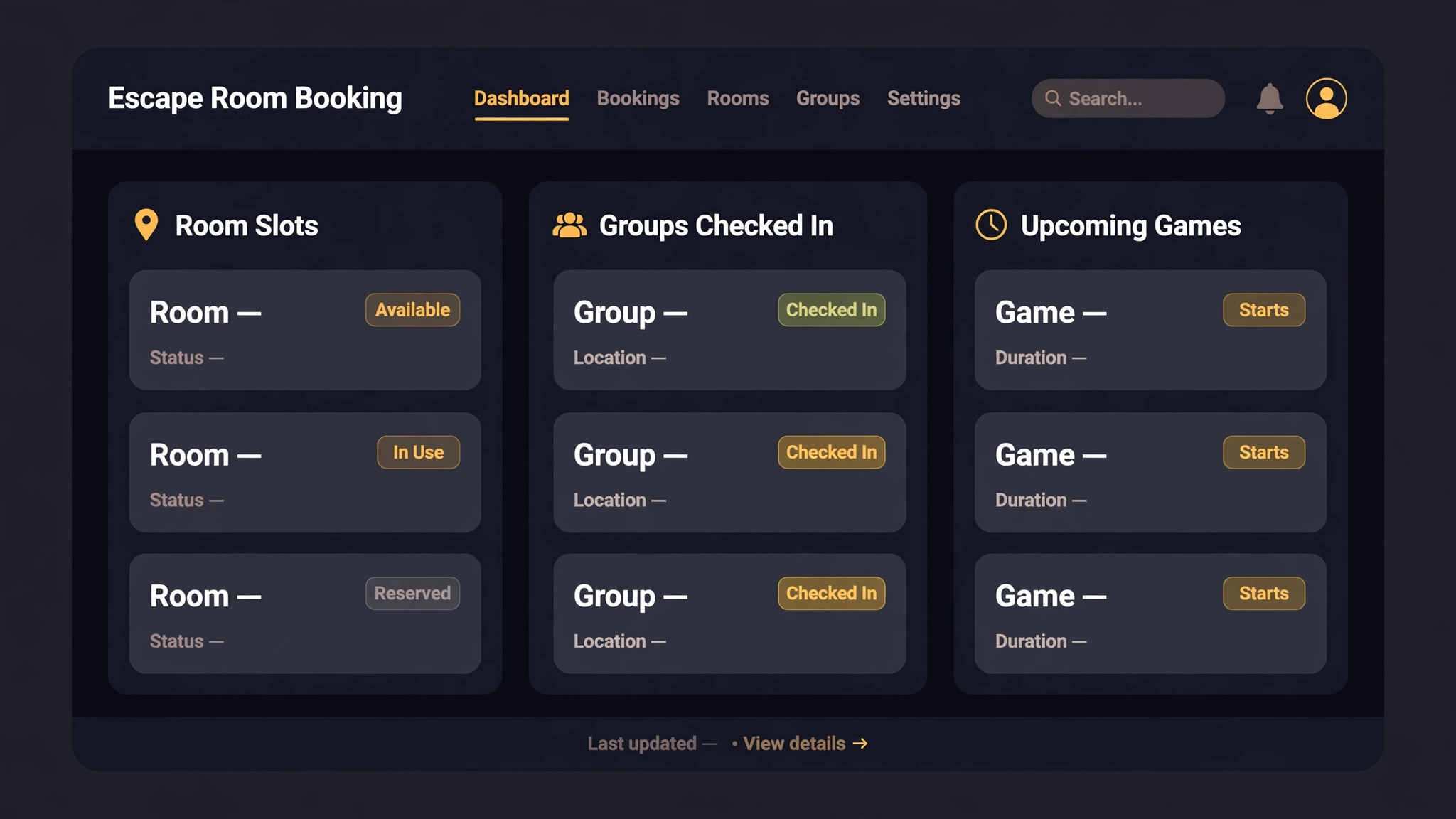 Mockup of an escape room booking dashboard