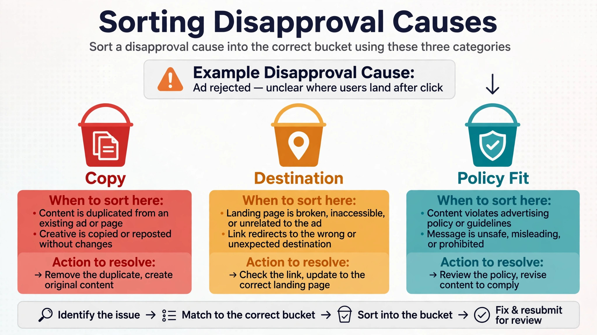 diagram of copy, destination, and policy fit buckets sorting a disapproval cause