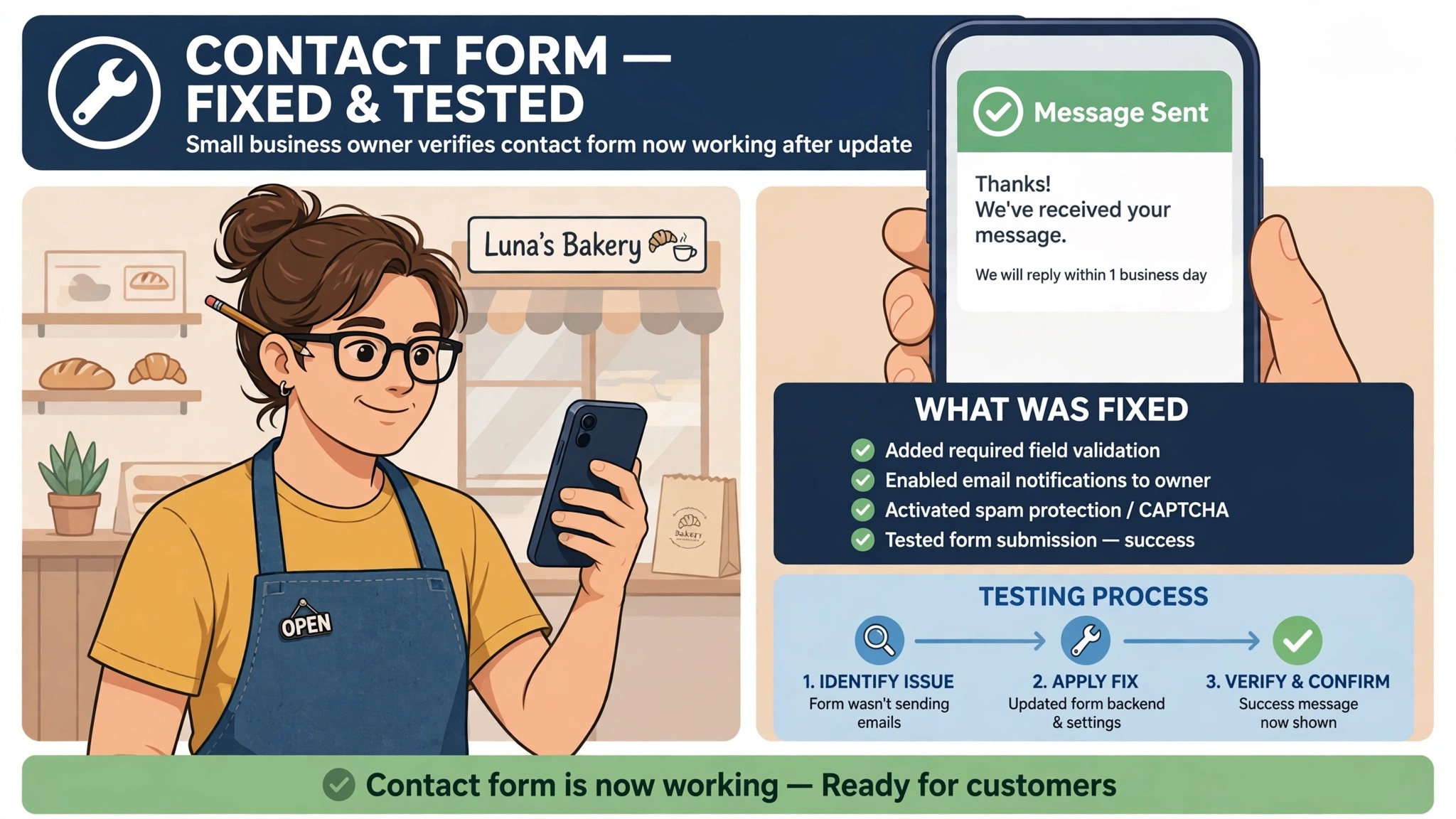 phone screen showing a small business owner testing a contact form after a fix