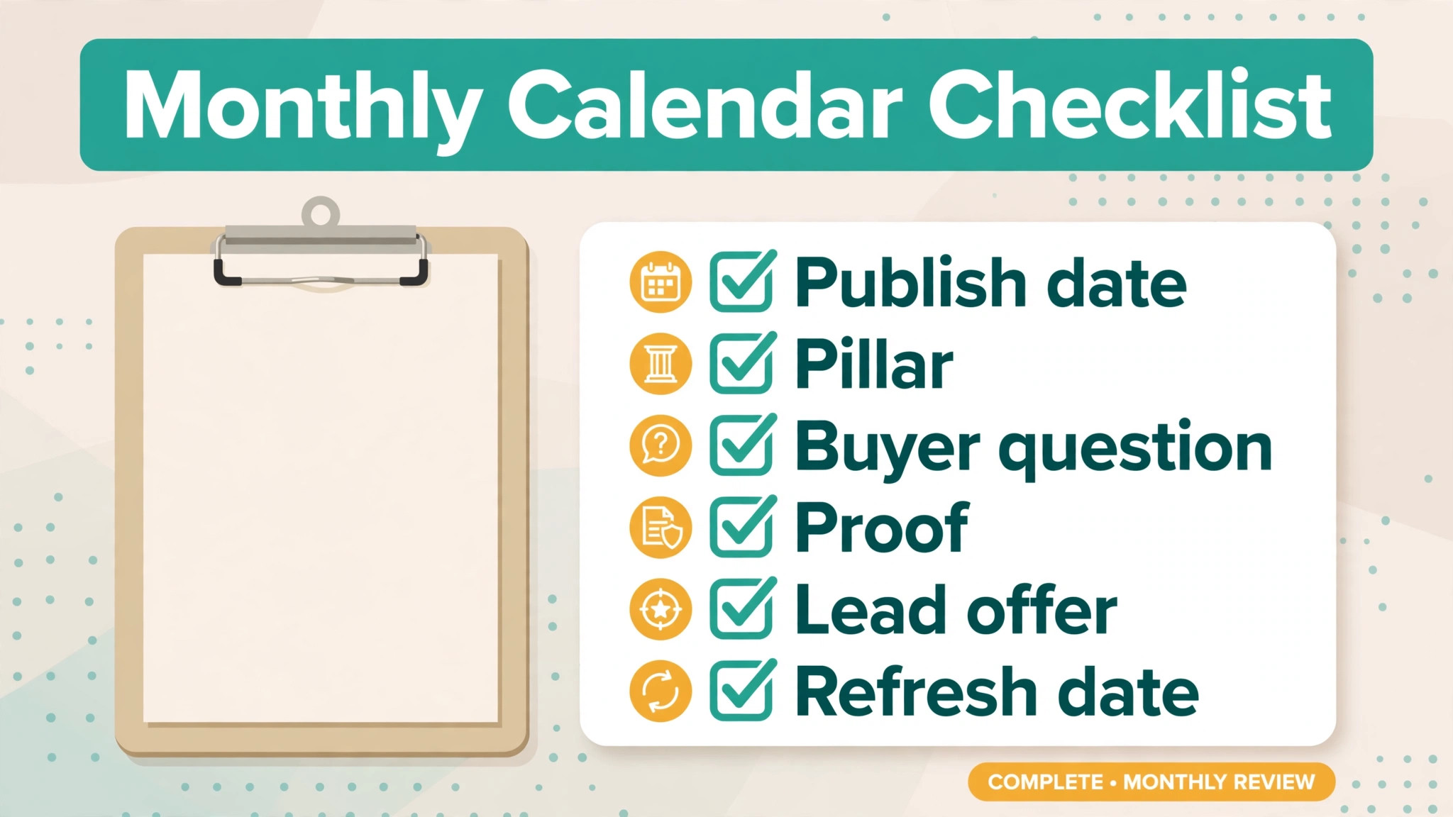 Checklist visual of the monthly content calendar template