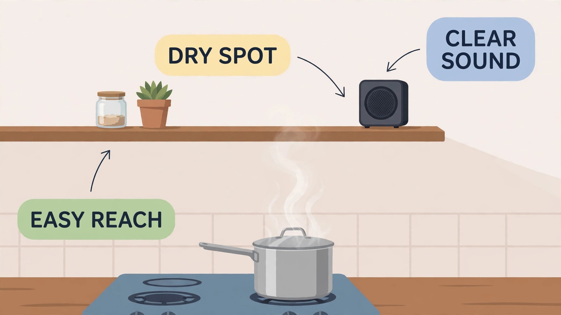 Smart speaker on a high kitchen shelf away from steam, labelled for dry spot, clear sound and easy reach