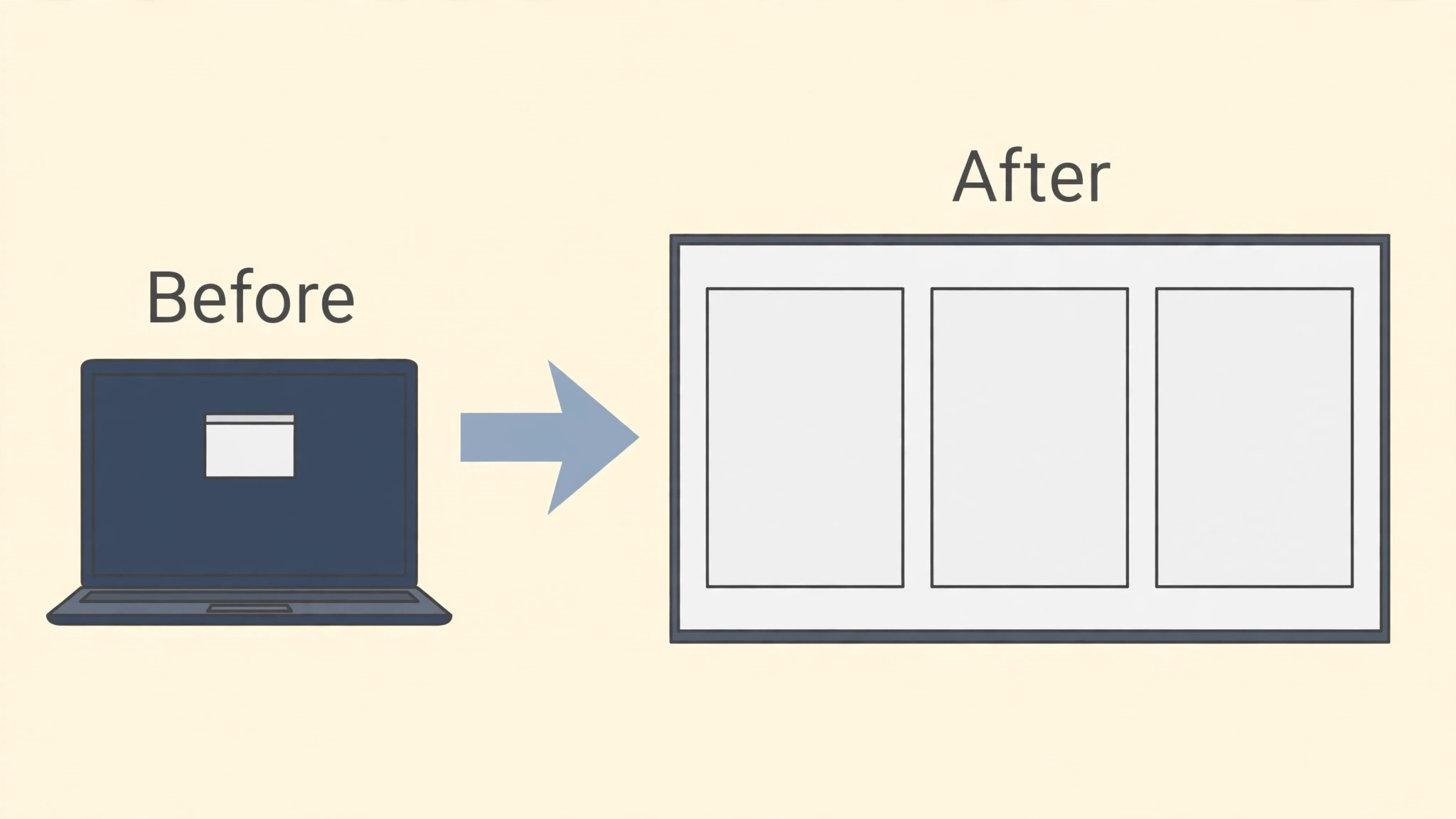 Cramped laptop screen before compared with an expanded television workspace after