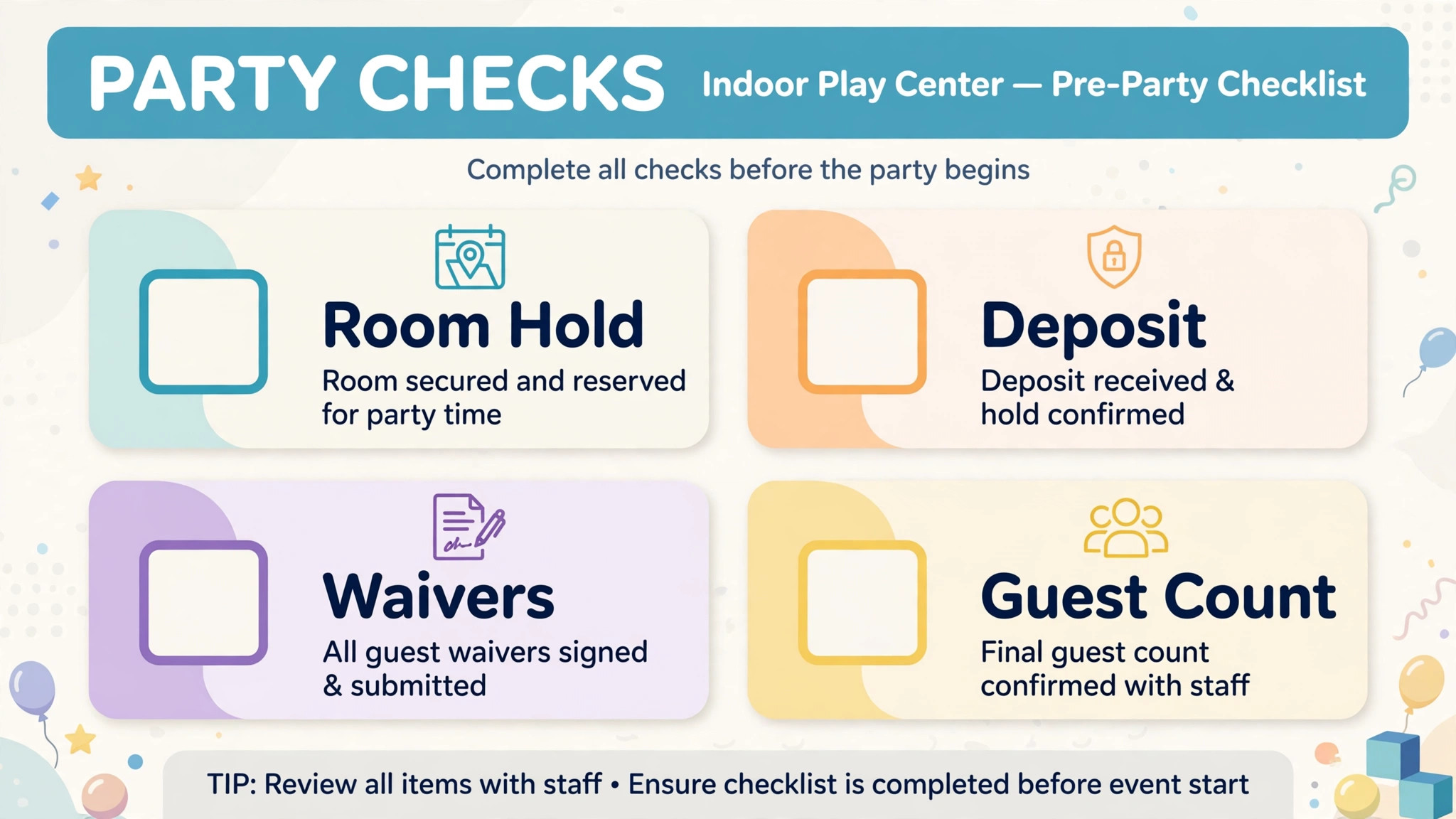 checklist graphic for play center party checks