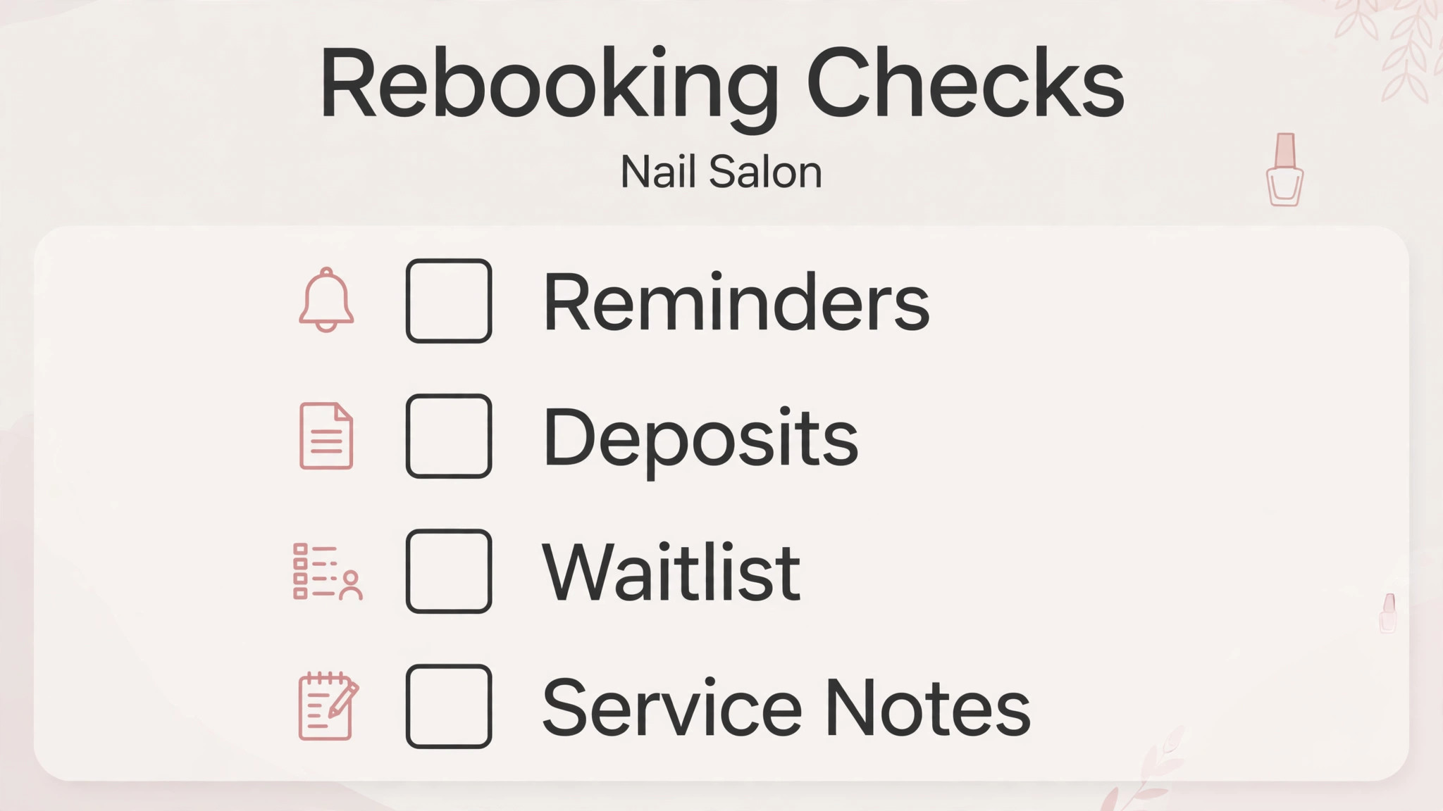 checklist graphic for nail salon rebooking checks