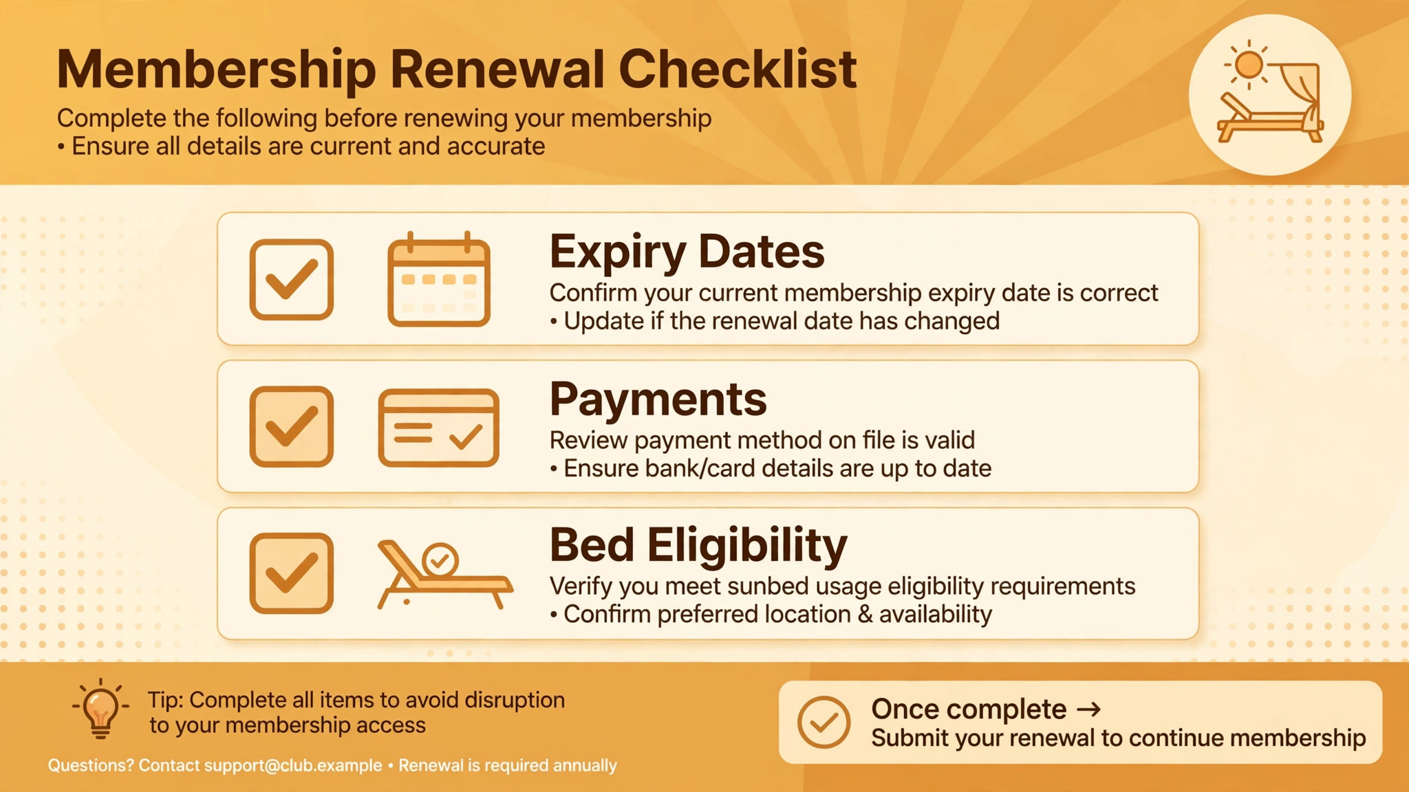 checklist graphic for tanning membership renewal checks