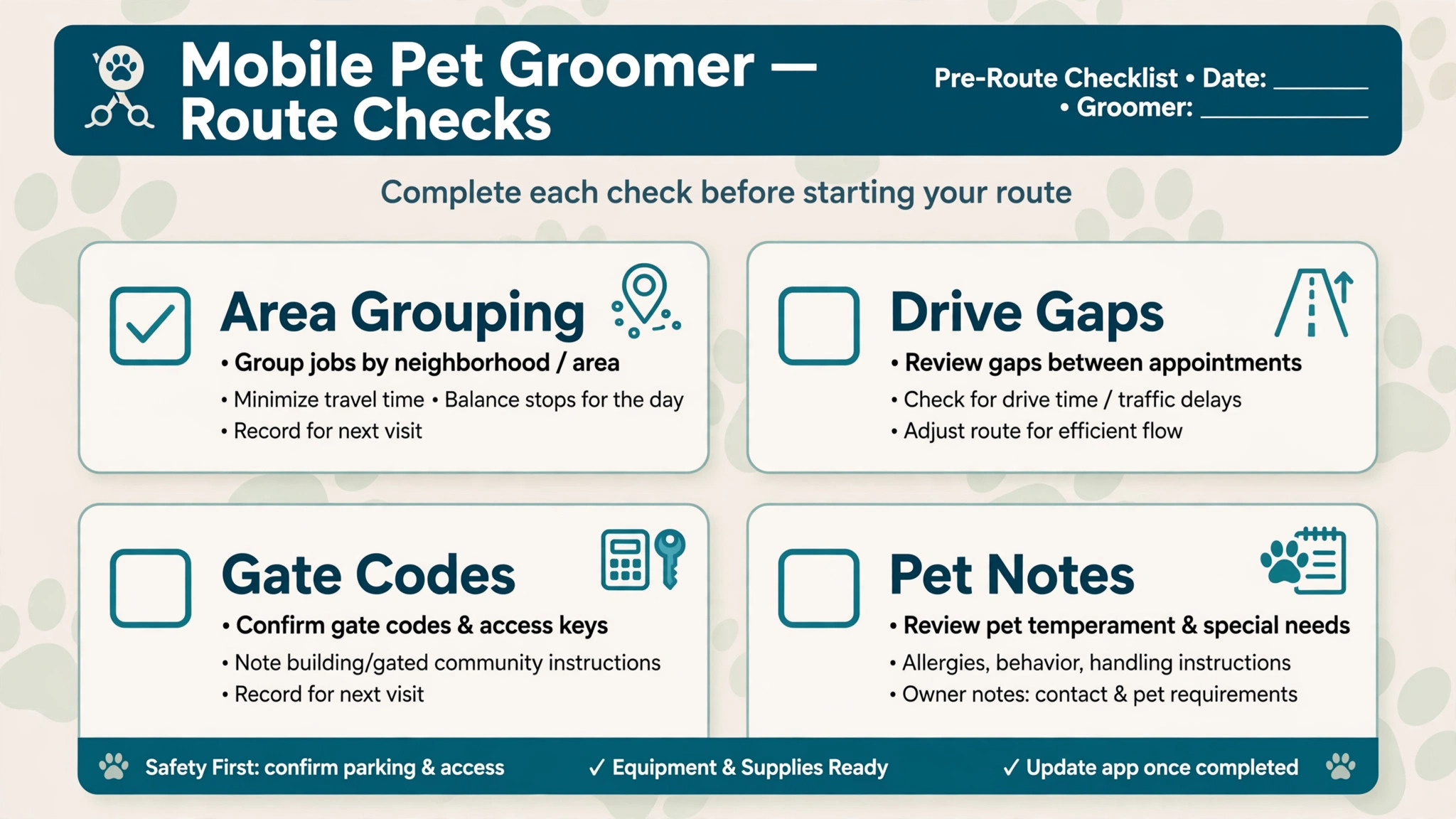 checklist graphic for pet groomer route checks