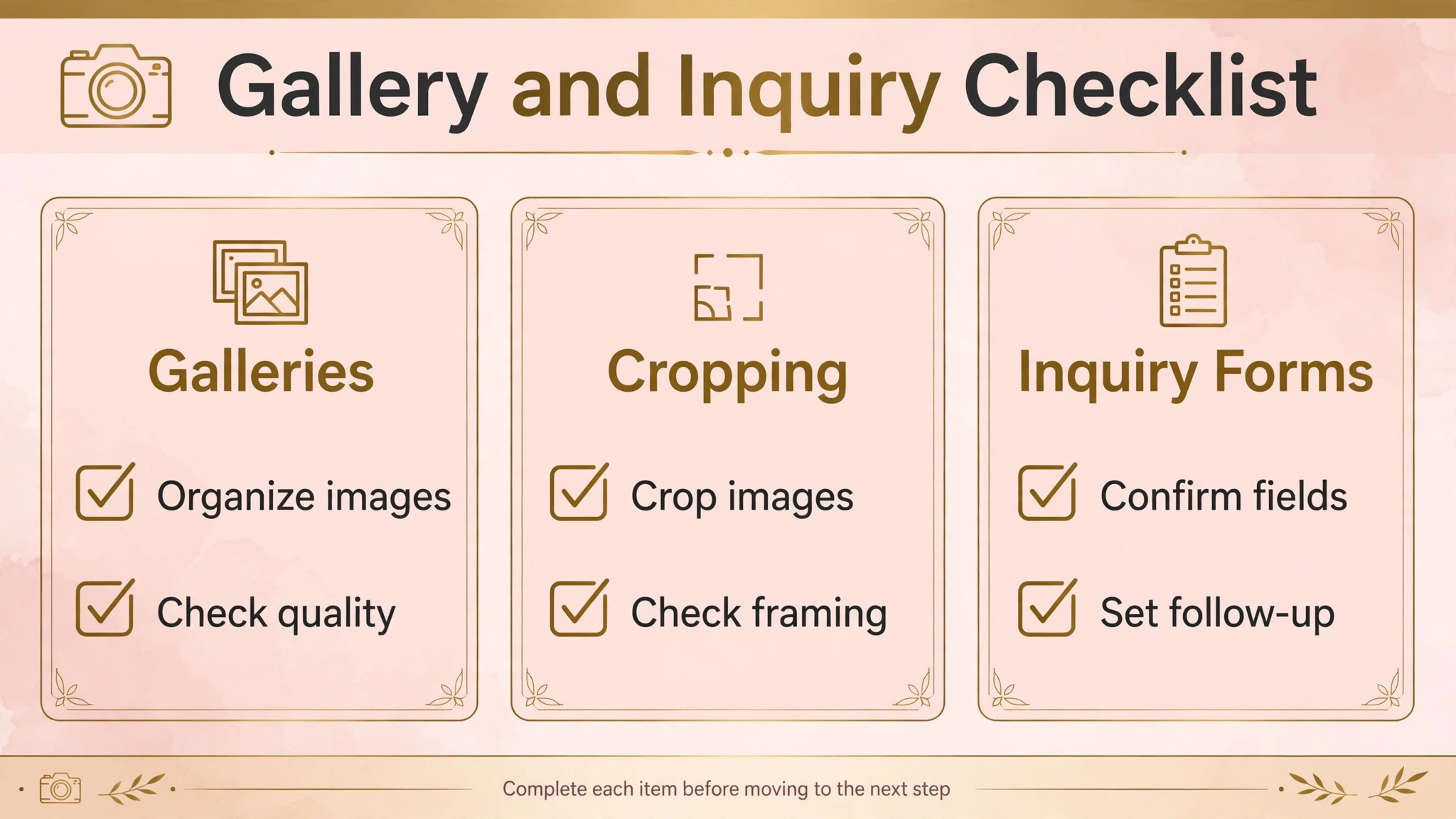 checklist graphic for wedding photographer website launch checks