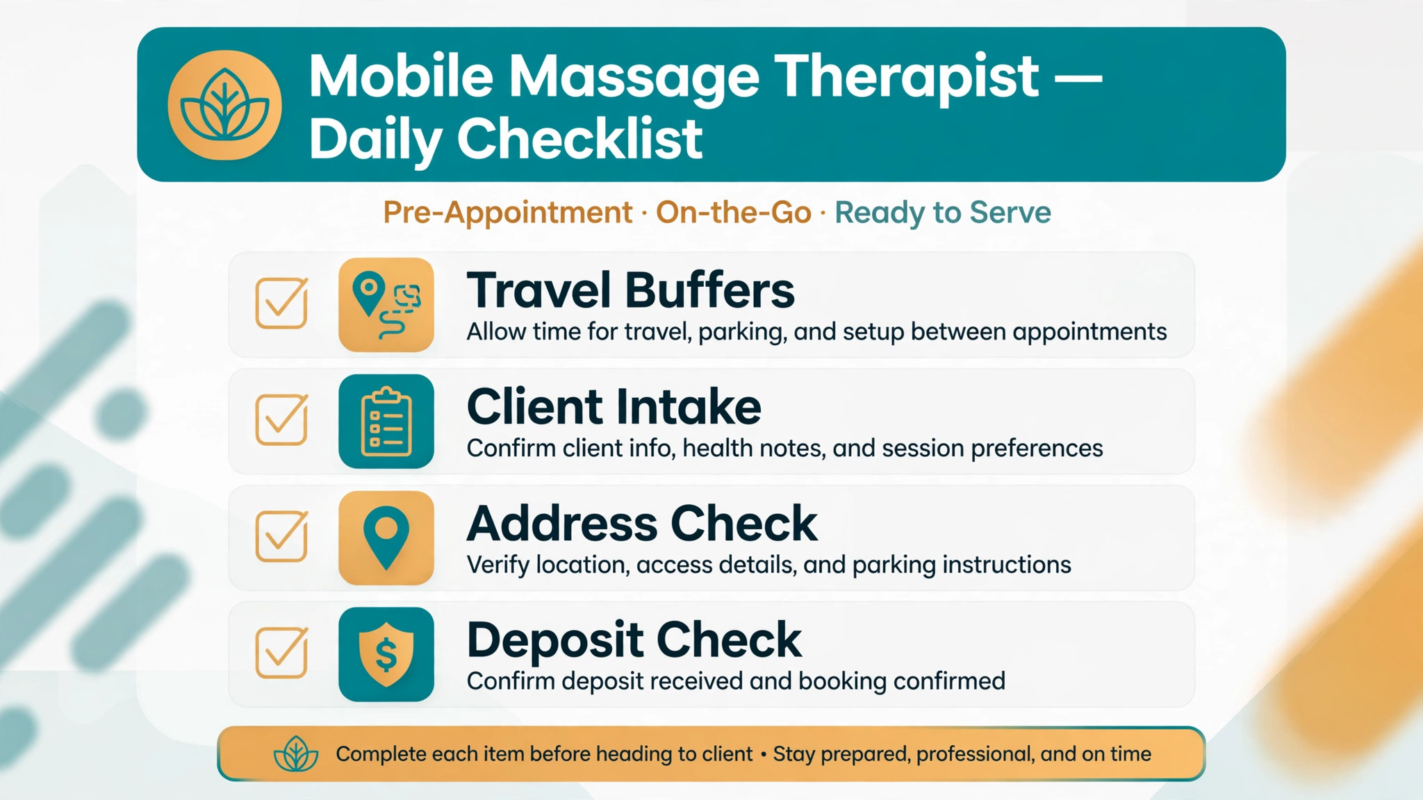 checklist graphic for mobile massage travel checks