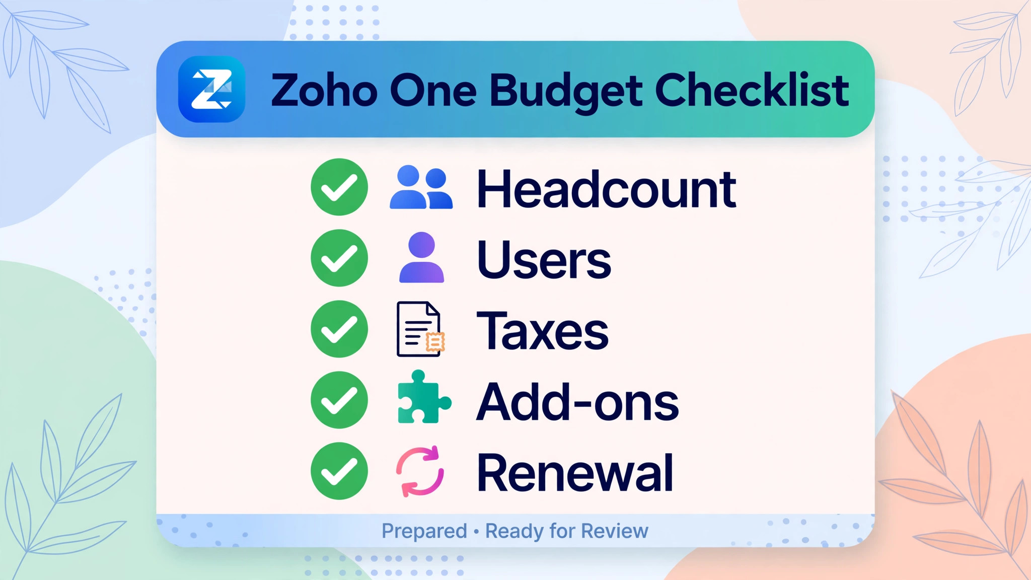 checklist graphic for Zoho One budget checks