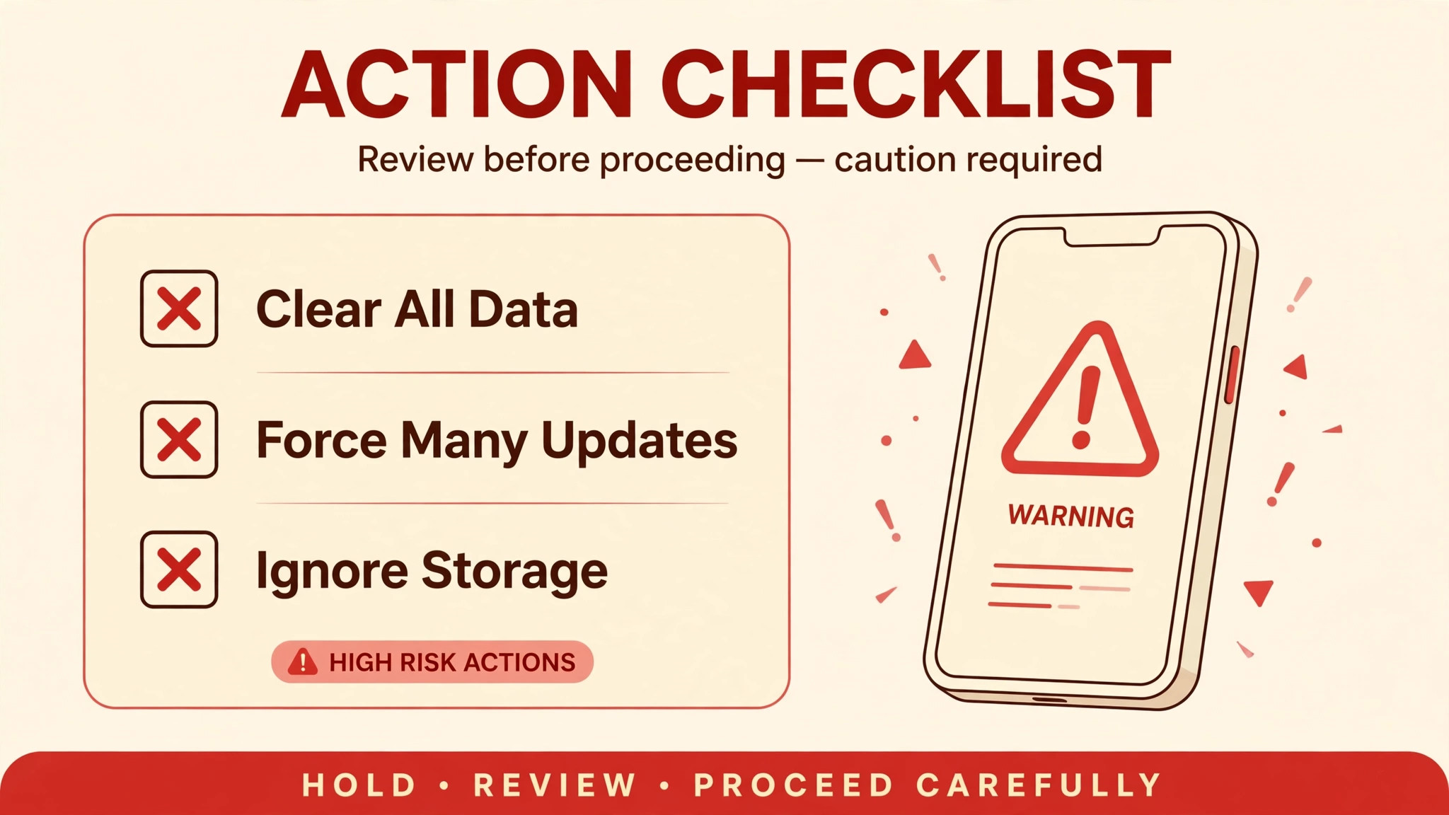 Warning checklist of risky actions to avoid, including clearing all data and forcing many updates at once