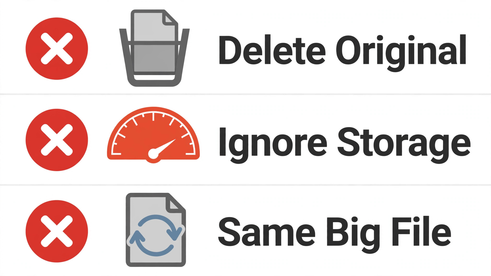 Mistakes checklist marking deleting the original file, ignoring storage space and re-uploading the same big file as moves to avoid