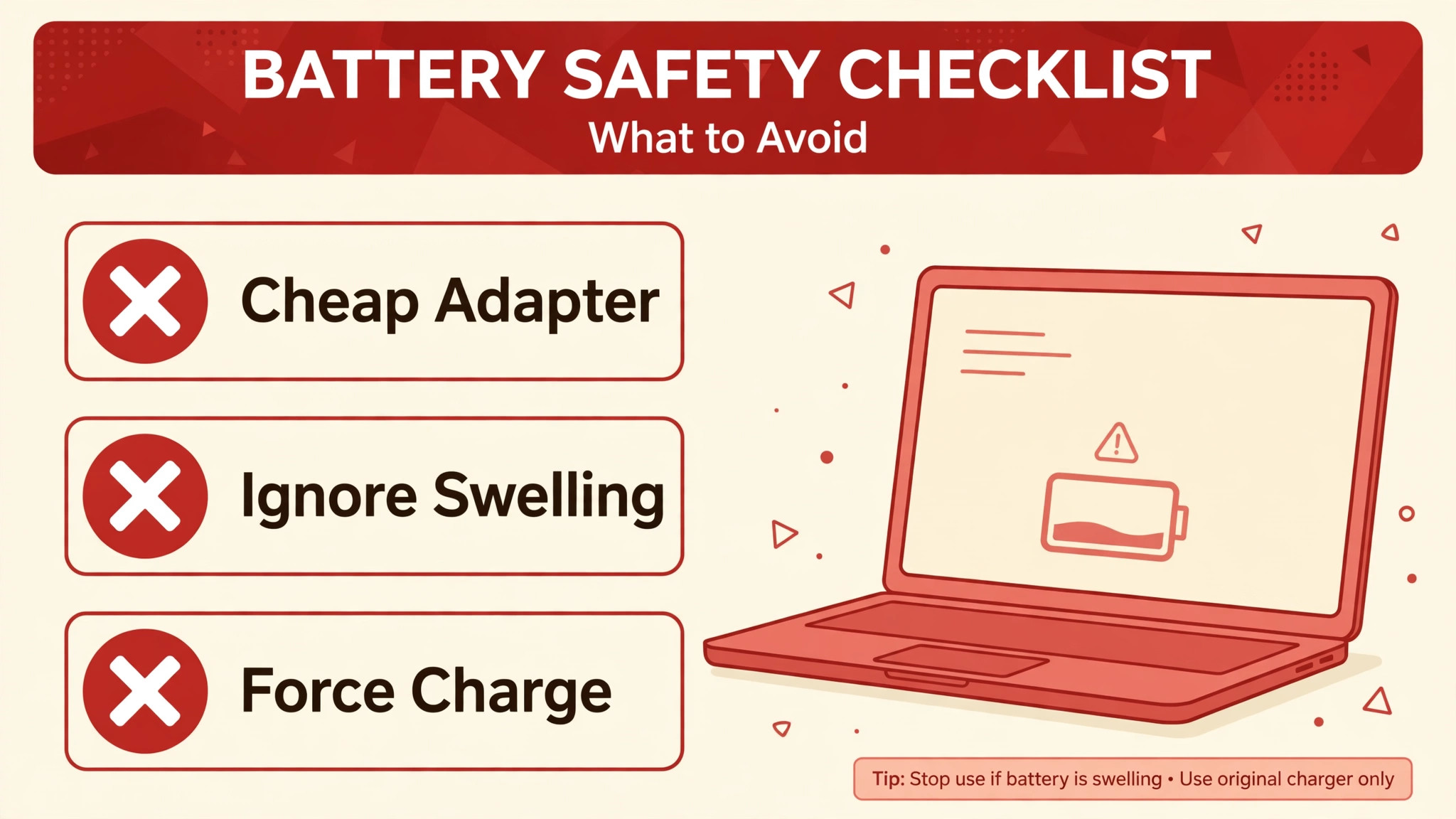 Battery safety checklist of mistakes to avoid, including cheap adapters, ignoring swelling and forcing a charge
